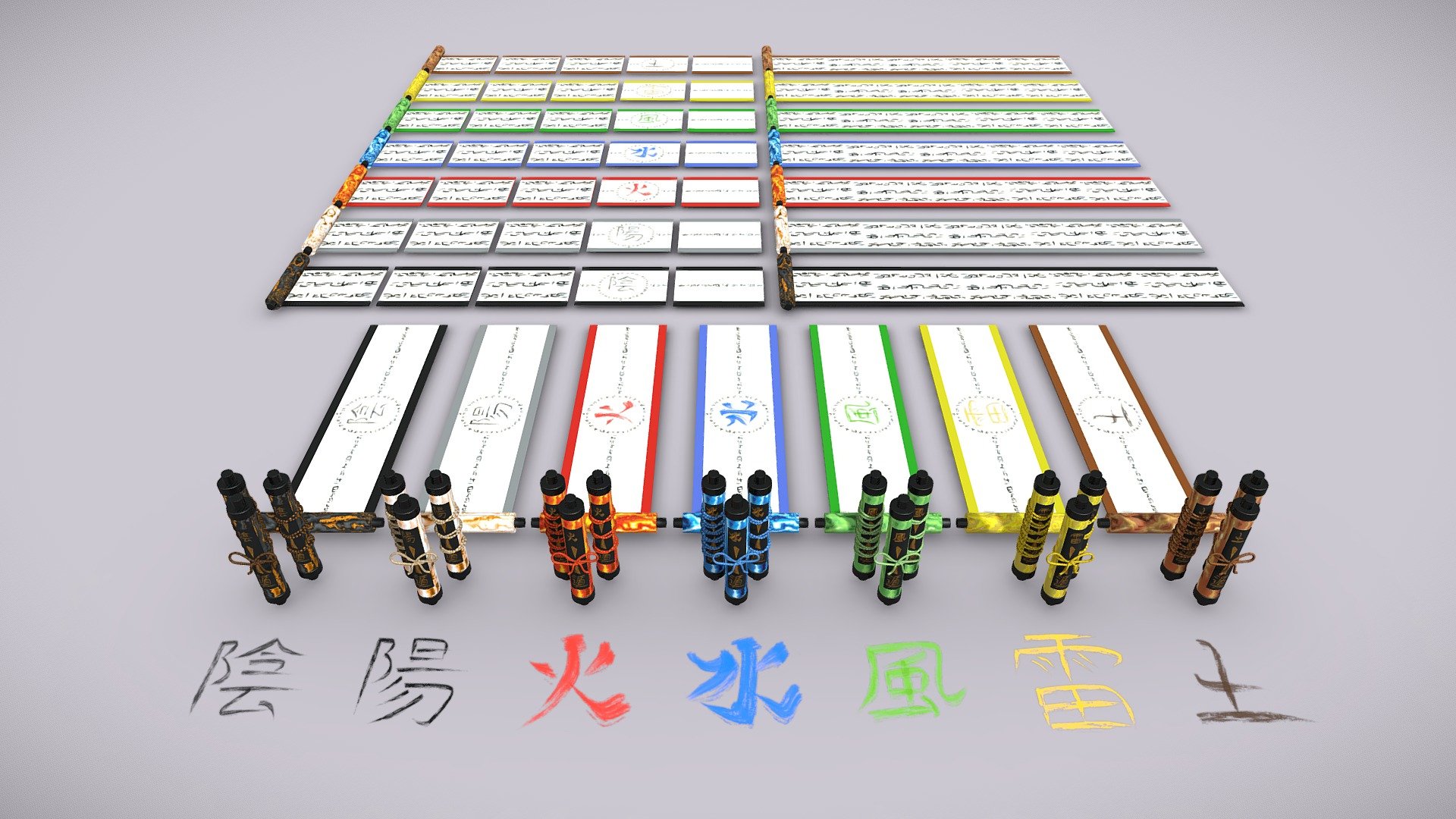 A set of 7 low poly, game ready, elemental ninja scrolls (巻物, Makimono).


Includes :

3 closed scrolls models :
One with a big knot, one with 3 small knots, one with 6 small knots (the rope can be removed if needed)


The 7 scrolls are labelled with their real hand drawn kanji element, coupled with the word &ldquo;release
