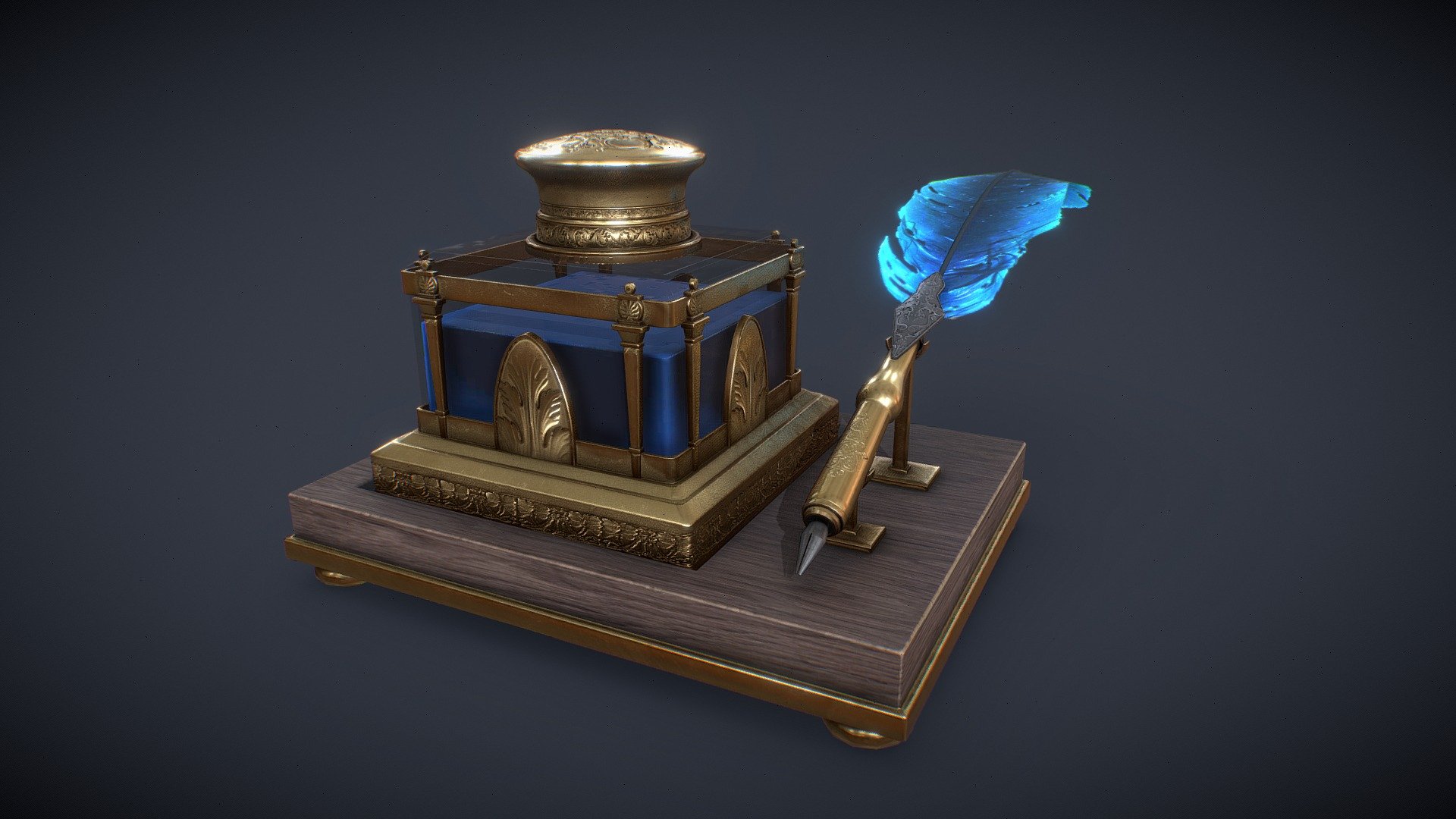 Hello All :) This is a golden inkwell for a victorian project with a nice blue ink and feather! Will be perfect to writte down this letter&hellip;

Made with Maya, PS and Substance.

You will find in the package Scene file, FBX and 2k Textures.
If you have any customs need, please feel free to contact me.