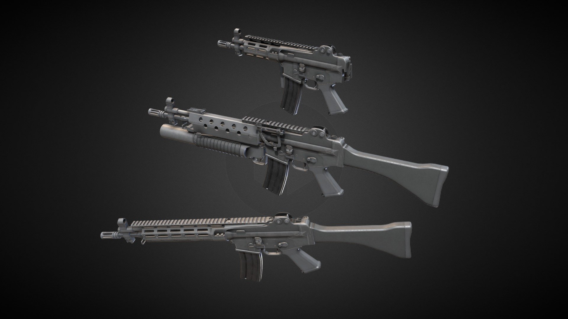 Baby of AR18 and AKM made in South Korea(tho due to control group design some say that next door neighbor M16 could be a father&hellip;).

Used by many military forces for many years.  

Model have 3 variants: normal, short(both with mitsprecision handguards) and with Grenade Launcher.

All variants are rigged and have version with all parts separated.  

It have 5 PBR Materials in 4K. Black and FDE colors are included.

Verts: 19.5K

Tris: 37.5K  

Made in Blender.
