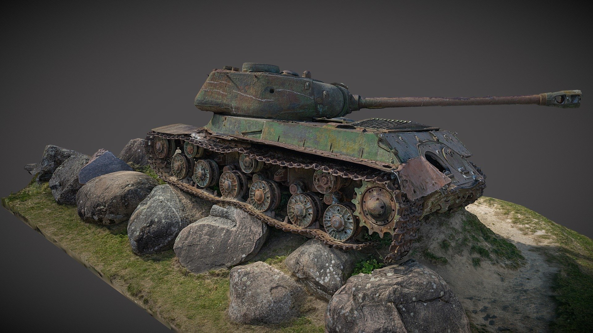 The IS-2 (Russian: ИС-2) is a Soviet heavy tank, the first of the IS tank series named after the Soviet leader Joseph Stalin. It was developed and saw combat during World War II, and saw service in other Soviet allied countries after the war.

During WWII this tank hit a mine in Salantai (Lithuania) and was damaged.

Photogrammetry recreation in RealityCapture from 306 images.