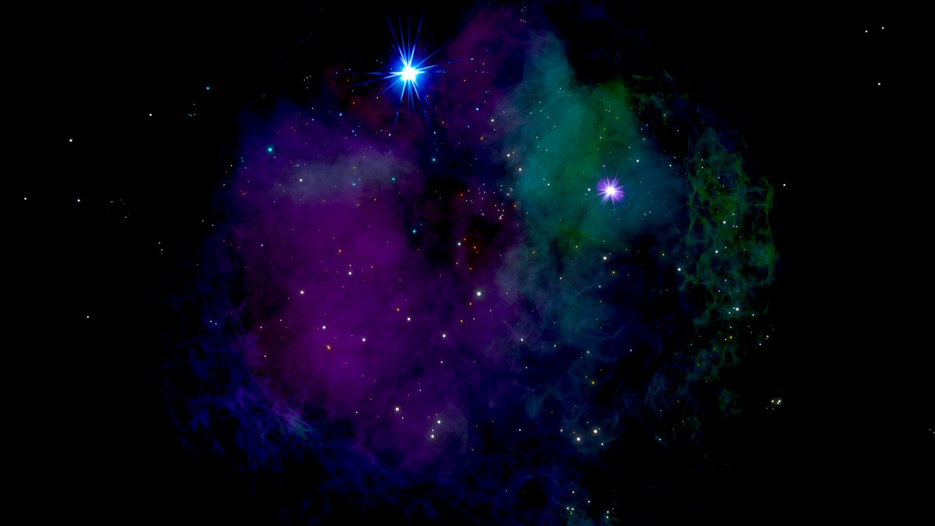 **A video of this model can be found here **

The birth of a star is a complex process which takes place in molecular clouds of the interstellar medium. The  clouds (or diffuse nebulae) consist in a mixture of dust, hydrogen, helium and other ionized gases. The interstellar material is enriched by heavy elements previously forged in the interior of stars and ejected at the end of their lives in the form of dense winds and supernova explosions. Dense regions within the clouds collapse and form new stars. For this reason, these spectacular nebulae are often referred as stellar nurseries or star-forming regions.  The model is an artist's view of one of these stellar nurseries.