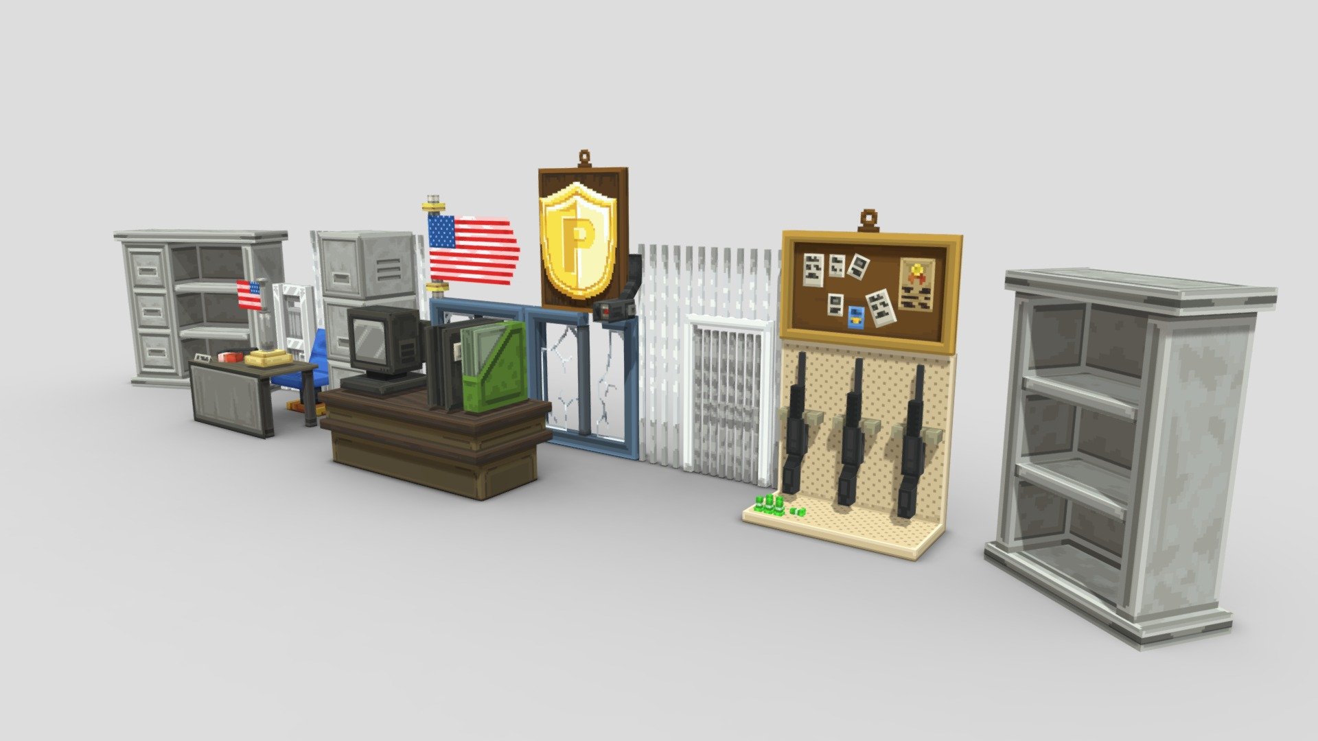Police Furniture Pack, Includes 20 models:




Announce Table

Big Flag

Board

Cage Door

Cage

CCTV

Chair

Document

Gun Shelf

Gun

Iron Door

Iron Locker

Iron Shelf x2

Sign

Small Flag

Table Small

TV

Windows (Unbroken)

Windows (Broken)
