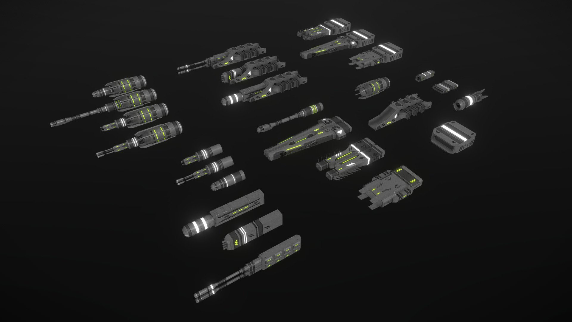 This arre low-poly and game-ready modular scifi spaceship fighter wepons. 

The weapons are separate meshes and can be animated with a keyframe animation tool. The weapon loadout can be changed too. 

The PSD file with intact layers is included.

If you have purchased this model please make sure to download the “additional file”.  It contains FBX and OBJ meshes, full resolution textures and the source PSDs with intact layers. The meshes are separate and can be animated (e.g. firing animations for gun barrels, etc).