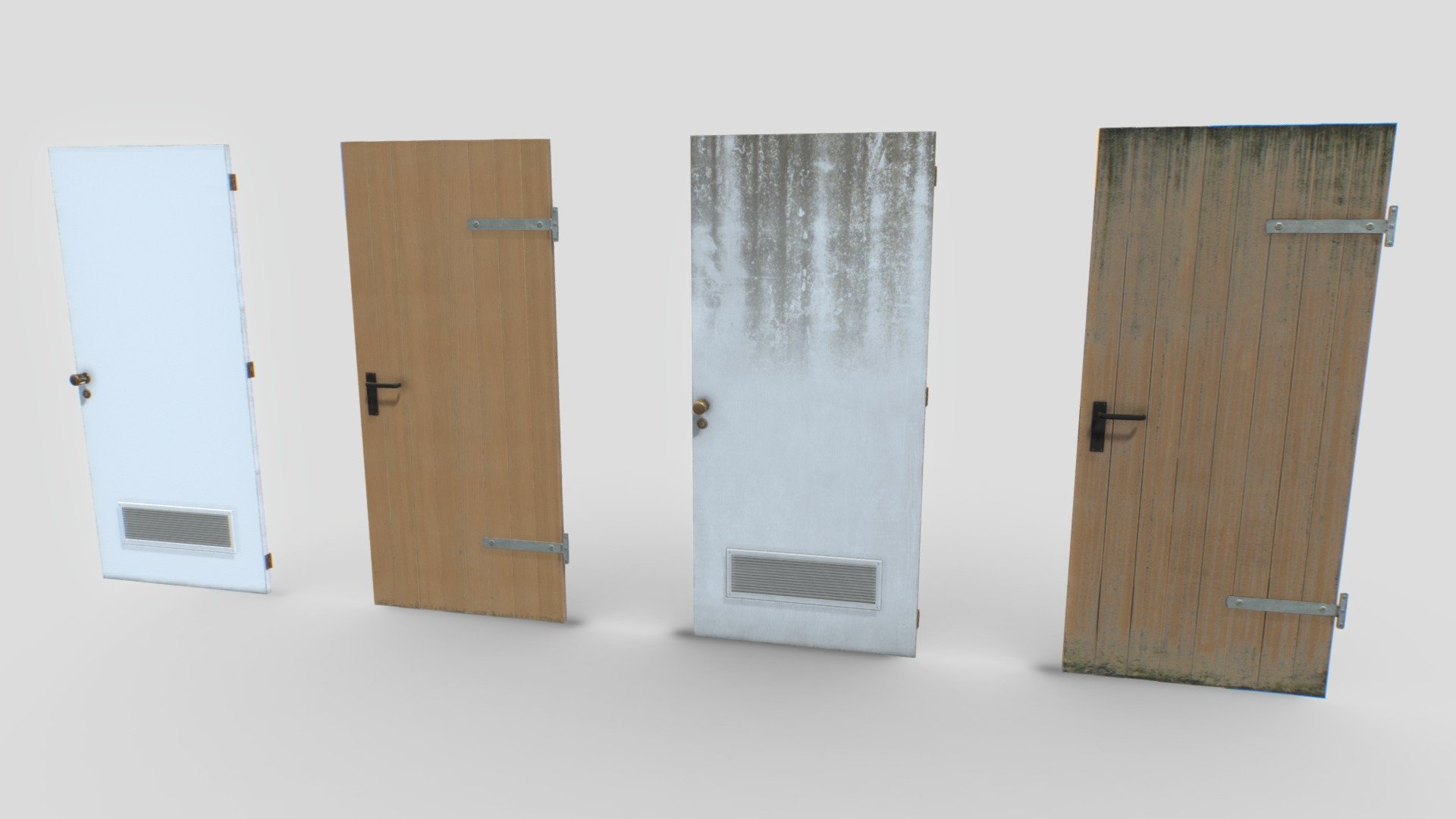 2 Basemment doors based in real ones. Real scale. Comes with 4096x PBR textures including Albedo, Normal, Metalness, Smoothness, Roughness and AO.

Model comes as a full object and in parts so you can animate it (hinges and handle). Also comes with 2 sets of textures, normal and another looking more old.

Door1: Total polys 2700. 1500 verts

Door2: Total polys 4000. 2200 verts