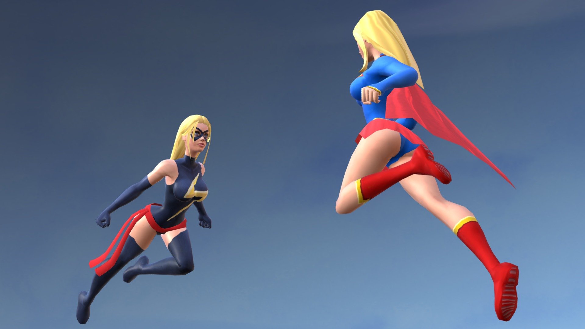 A panorama of Ms Marvel fighting Supergirl.