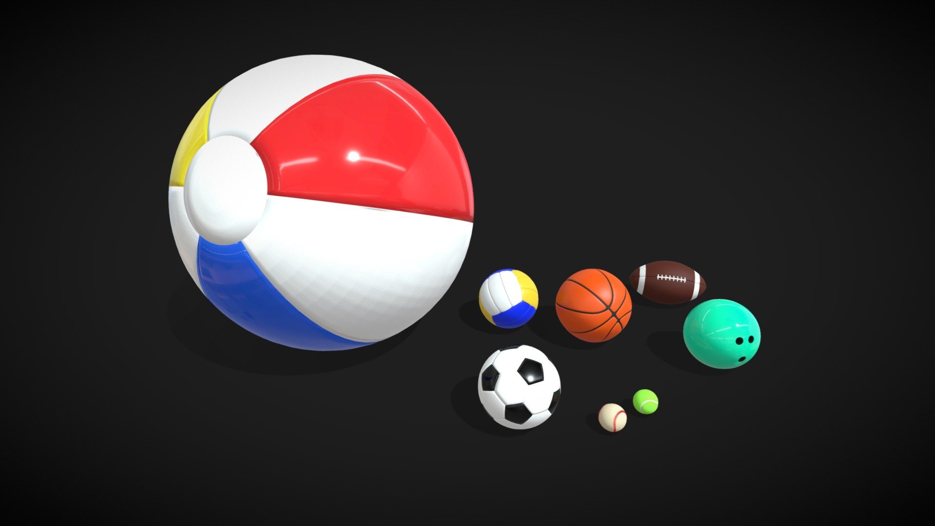 8 game ready, fairly low poly:




Beach ball

Soccer/football ball

American football ball

Baseball ball

Tennis ball

Volleyball ball

Bowling ball

Basketball ball

All designed with correct and offical sizes.