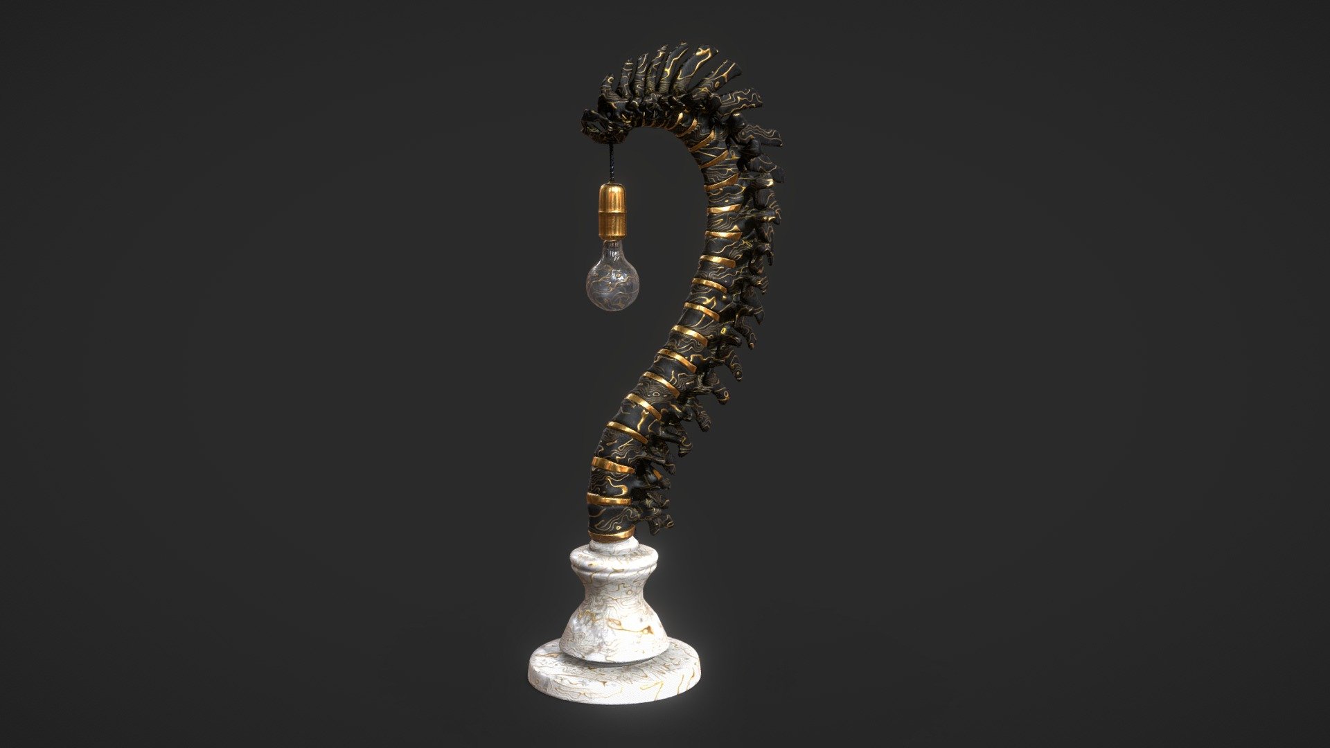 Stylish table lamp in form of a human spine with black, gold and white-marble texture

Technical specifications:

Close-up model

Optimized model

non-overlapping UV map

ready for animation

PBR textures 2K resolution: Normal, Roughness, Albedo, Metal, Ambient Occlusion, opacity maps

Download package includes FBX, obj which are applicable for 3ds Max, Maya, Unreal Engine, Unity, Blender.

Enjoy!