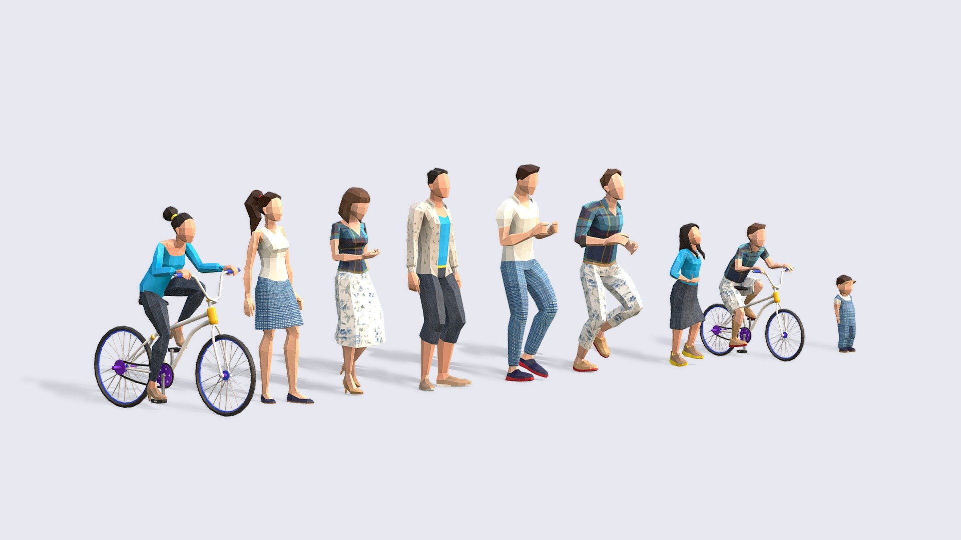 SPRING LOWPOLY PEOPLE
A super versatile pack of Low Poly People where all models can walk, chat and interact. Plus all models can use the same or vary the 6 different textures.

INCLUDES:




Independent Rest Pose fin FBX, perfect for Animating with mixamo or your chosen platform

Independent Animated FBX file that includes all 9 looping animations -100 frames

Full Pack Blender Native file with all characters together.

Textures created for the pack.


Give some unique style to your crowds with our collection of low poly people.
*3RD GENERATION of Animated Low-Poly People and it will be included in The Compilation
