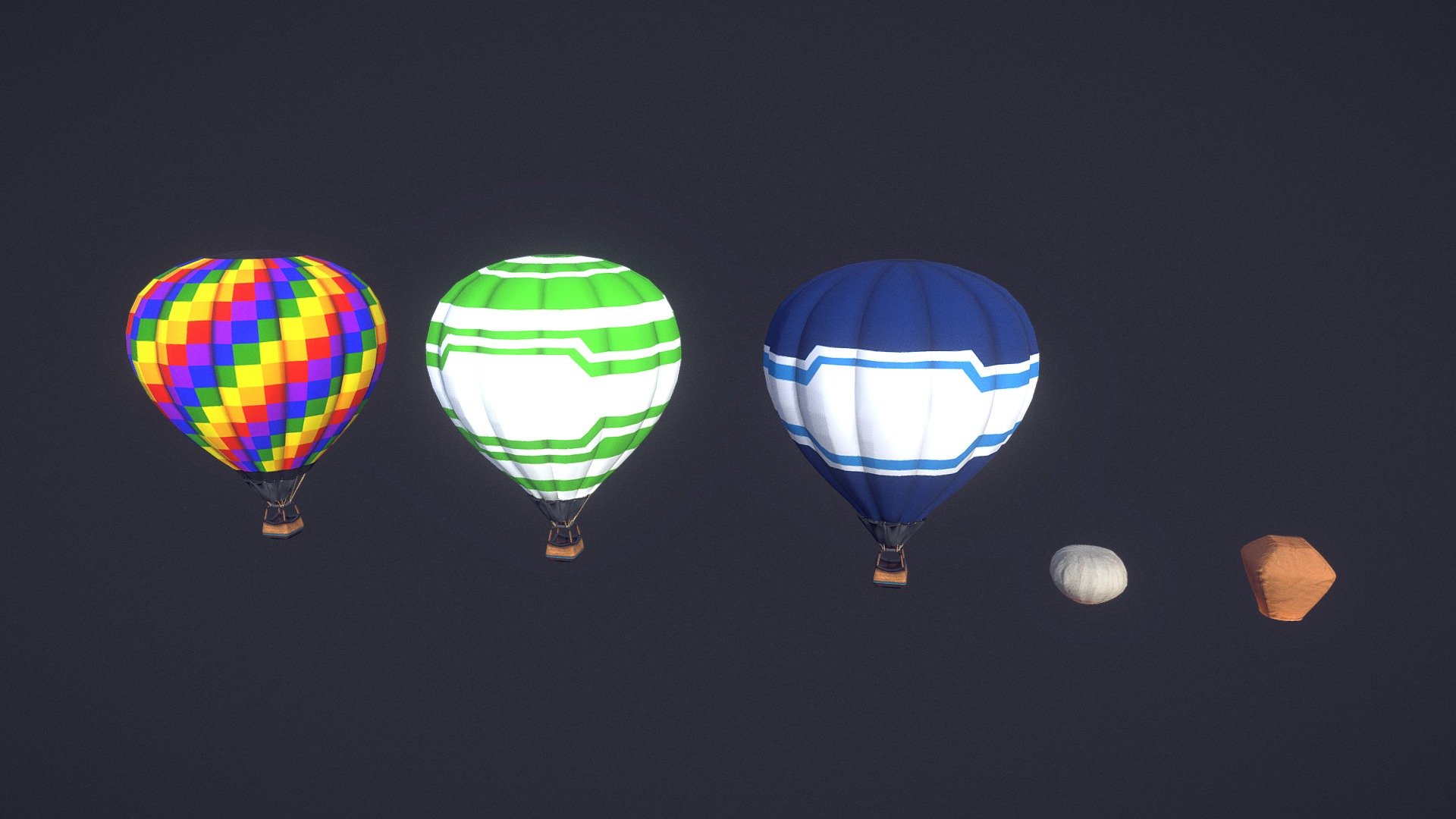Balloon and lantern props for decorating your environment.

1 hot air balloon design with 3 sets of material textures, and two sets of animation to choose from. 

2 paper lantern designs.

Complete with flame effect.



Air Balloon

Polycount: 5204 Triangles

PNG Texture size: 2048 x 2048

( 3 Albedo, AO, 2 Normal, and Specular)

2 sets flat to filled air unity animation

2 sets idle unity animation

See link for animation: https://pse.is/4pn5yp

Sky Lantern A

Polycount: 1460 Triangles

PNG Texture size: 2048 x 2048

(Albedo, AO, Normal, Specular and Emission)

Sky Lantern B

Polycount: 1372 Triangles

PNG Texture size: 2048 x 2048

(Albedo, AO, Normal, Specular and Emission)

Balloon flame unity particle TGA: 256x256