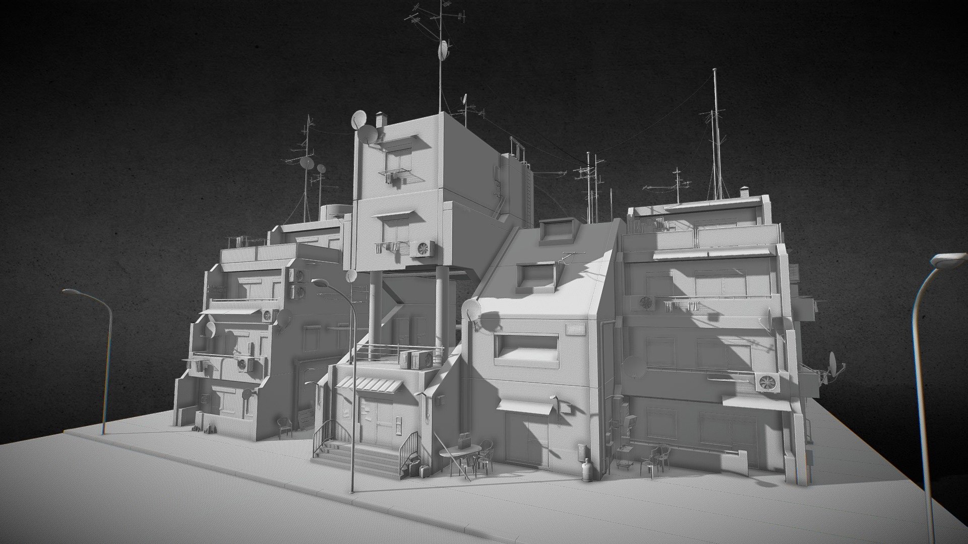 Full scene of cyberpunk buildings and props, perfect for rendering and gaming, mid poly geometry fully unwrapped