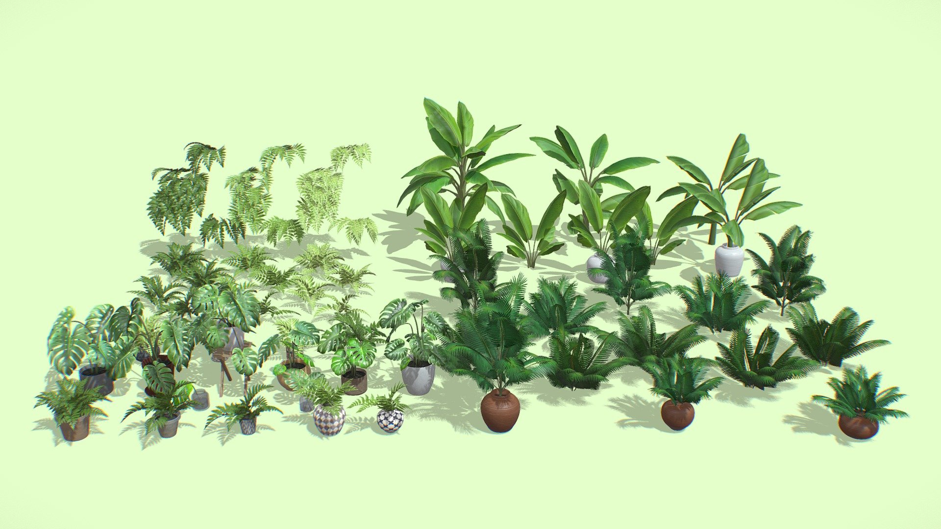 This is based on a personal project line of 1000 house plants for Blender, that for every 3 plants that I made one of them will be free, Currently this is the 3rd pack project, 3D PBR model of a personaly made Houseplants Pack with 59 plants in total, created with blender 3.3x.

Model Specification:




Quad based topology, with minimal triangulation.

Varied texel density.

Naming convention using Unreal Engine standard Naming Convention.

Varied texture resolution based on mesh complexity.

Notes : Also contains M01 Pack with optimized method of data management !!!