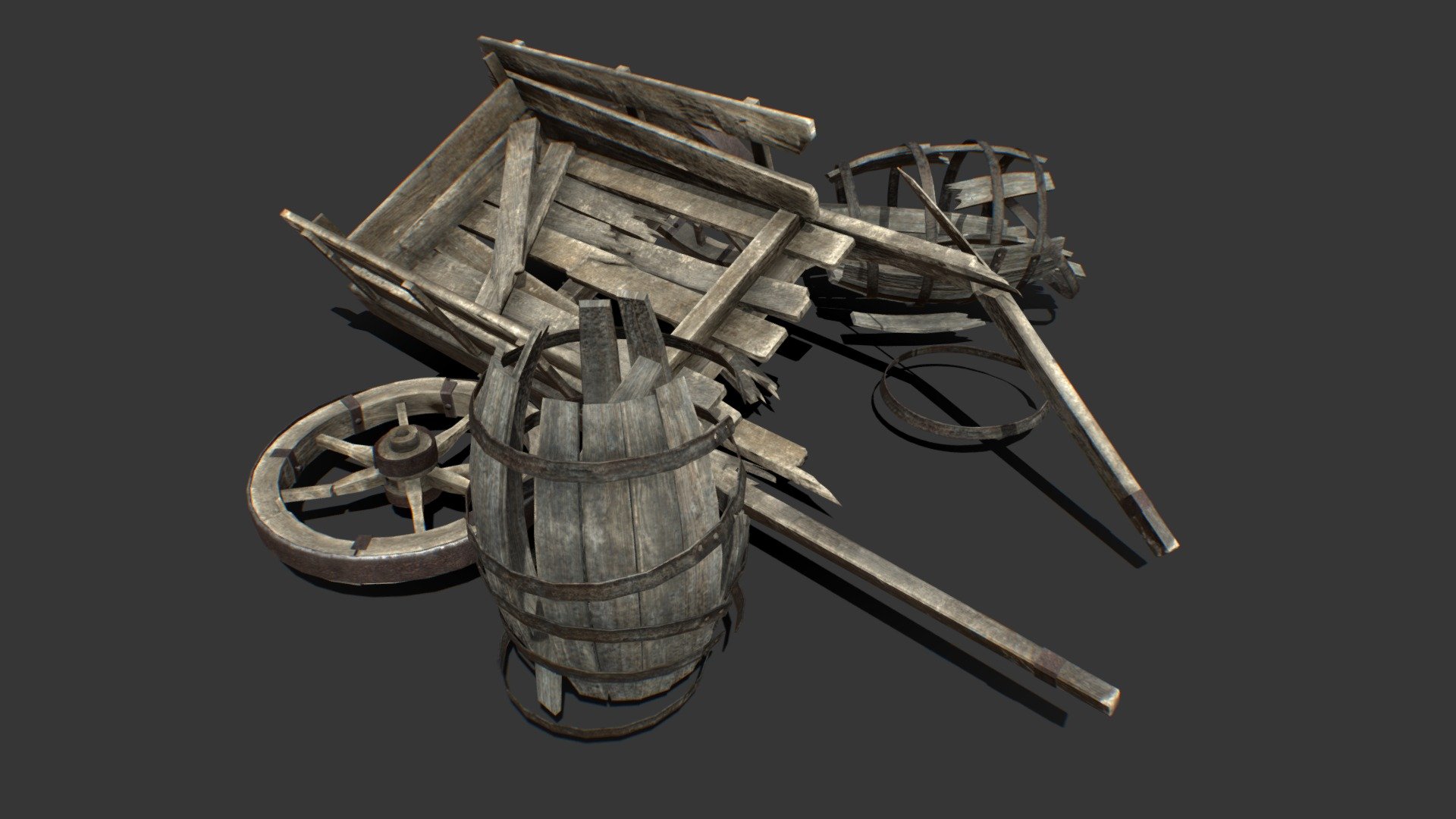 Photorealistic low poly old broken cart and barrels props. Useful for third and first person games. 

Texture resolution 2048x2048.