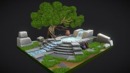 Stylized pool diorama tree, plant, fountain, rocks, painted, pool, diorama, water, handpainted, zbrush, wood, stylized, noai