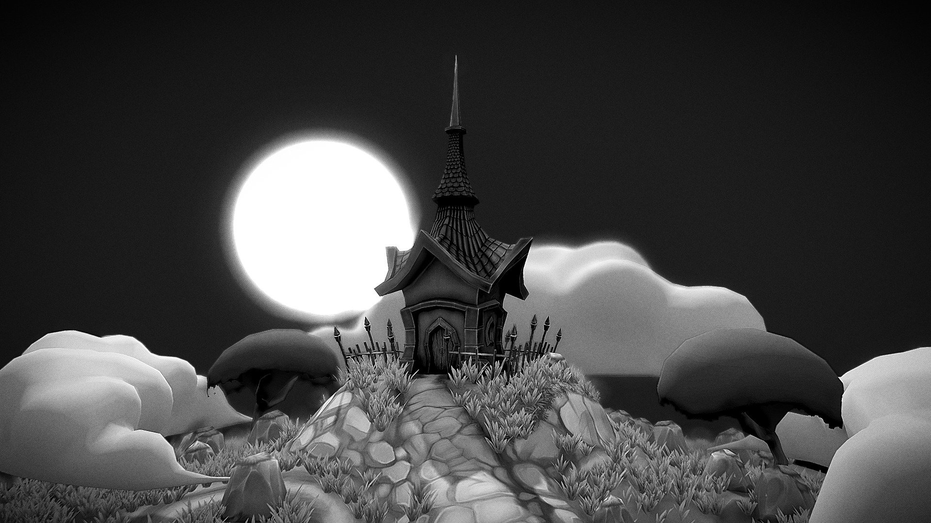 So this project began being another hand paint piece, but then I started trying post processing effects here in Sketchfab and I realized it looked quite good as a grayscale. This is the first time I use the post-processing so much, up to the point it's changing the whole final result. I'm still happy with this project.

I used Geometry nodes to spawn different elements on the ground. The leaves texture for the trees is not complete since I didn't have enough time to get into that level of detail. Made completely using Blender and Substance Painter. Hope you guys like it.


Blender #Blender3D #Blendercommunity #SubstancePainter #HandPaint #Environment #House #Crypt #Building #Architecture #Cartoon #Lowpoly #Cute