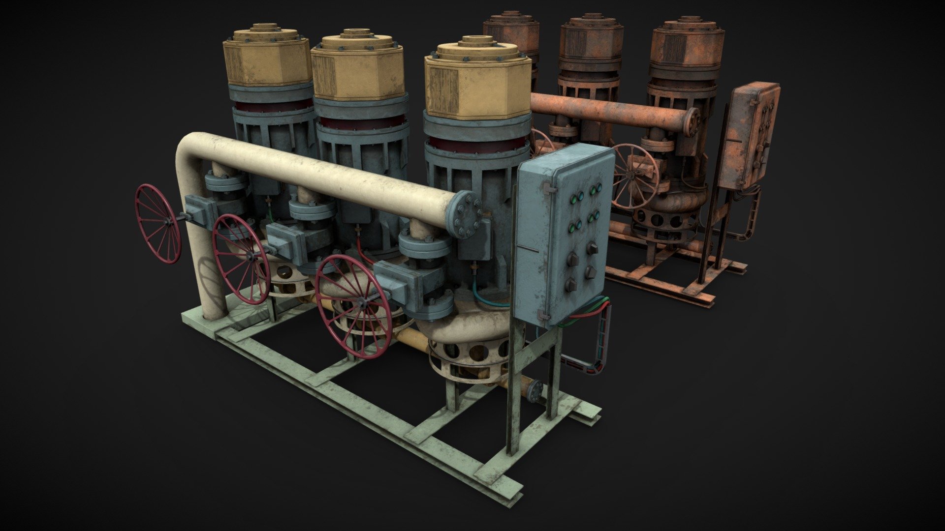 Machinery device for industrial visualizations 

4k PNG PBR textures included 

Painted and heavy rusted 

Non overlapped UVs.