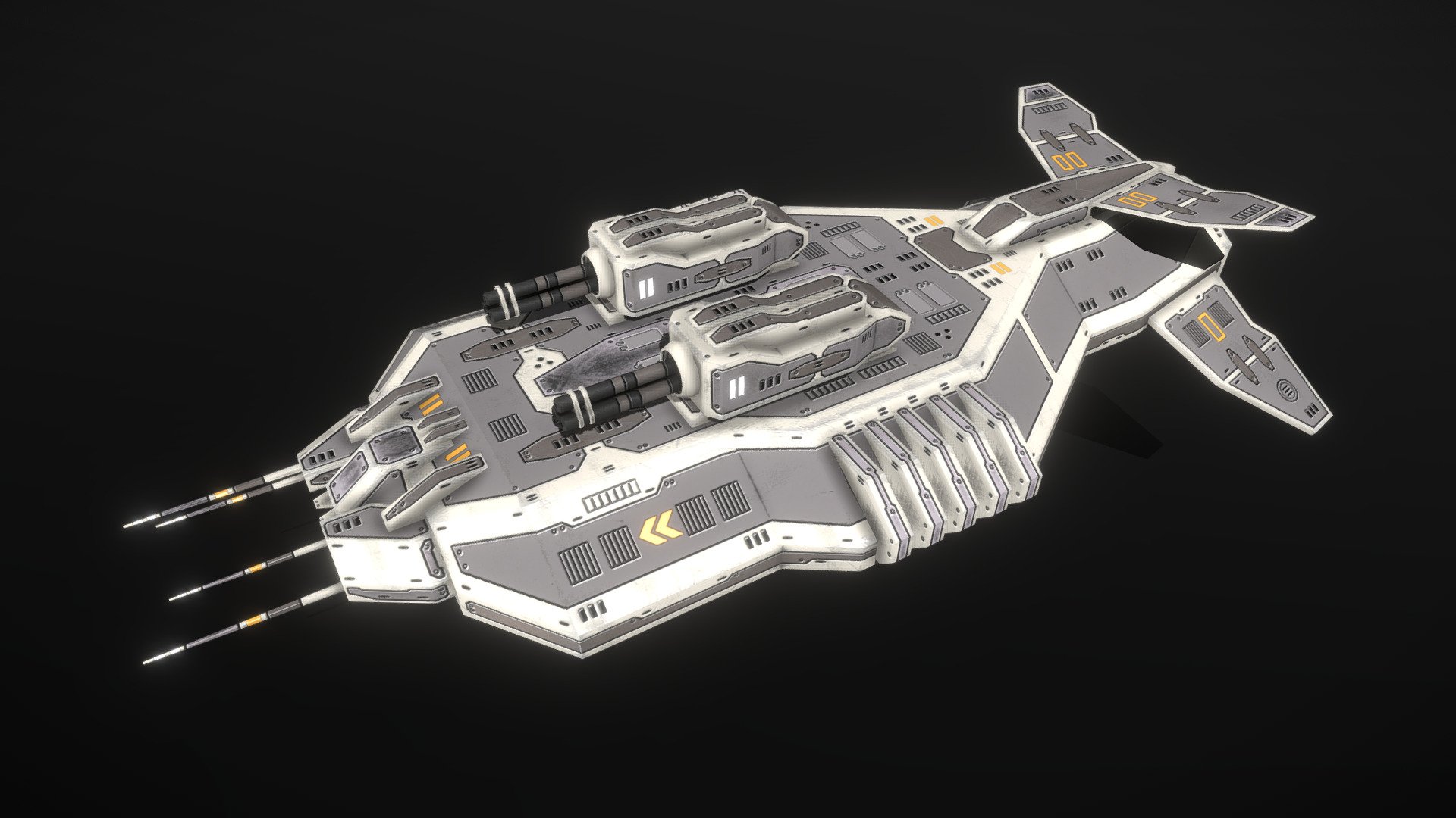 This is a model of a low-poly and game-ready scifi spaceship / space structure model. 

The weapons are separate meshes and can be animated with a keyframe animation tool. The weapon loadout can be changed too. 

The model comes with several differently colored texture sets. The PSD file with intact layers is included.

If you have purchased this model please make sure to download the “additional file”.  It contains FBX and OBJ meshes, full resolution textures and the source PSDs with intact layers. The meshes are separate and can be animated (e.g. firing animations for gun barrels, rotating turrets, etc).