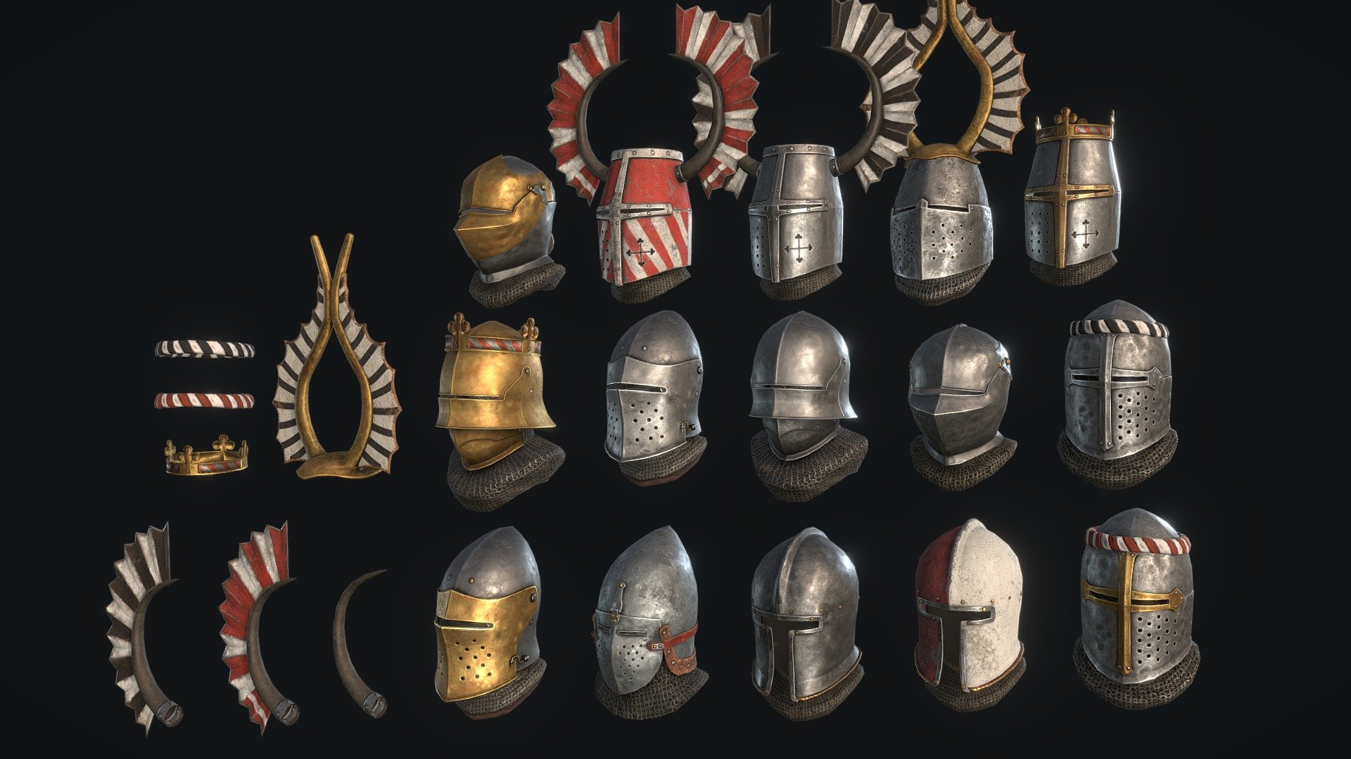 a collection of late medieval helmets i made.
all textures are in 1  8k atlas map for ease of use.
all helmets are low poly and game ready
feel free to post feedback or ask questions!
Armour pack incomming