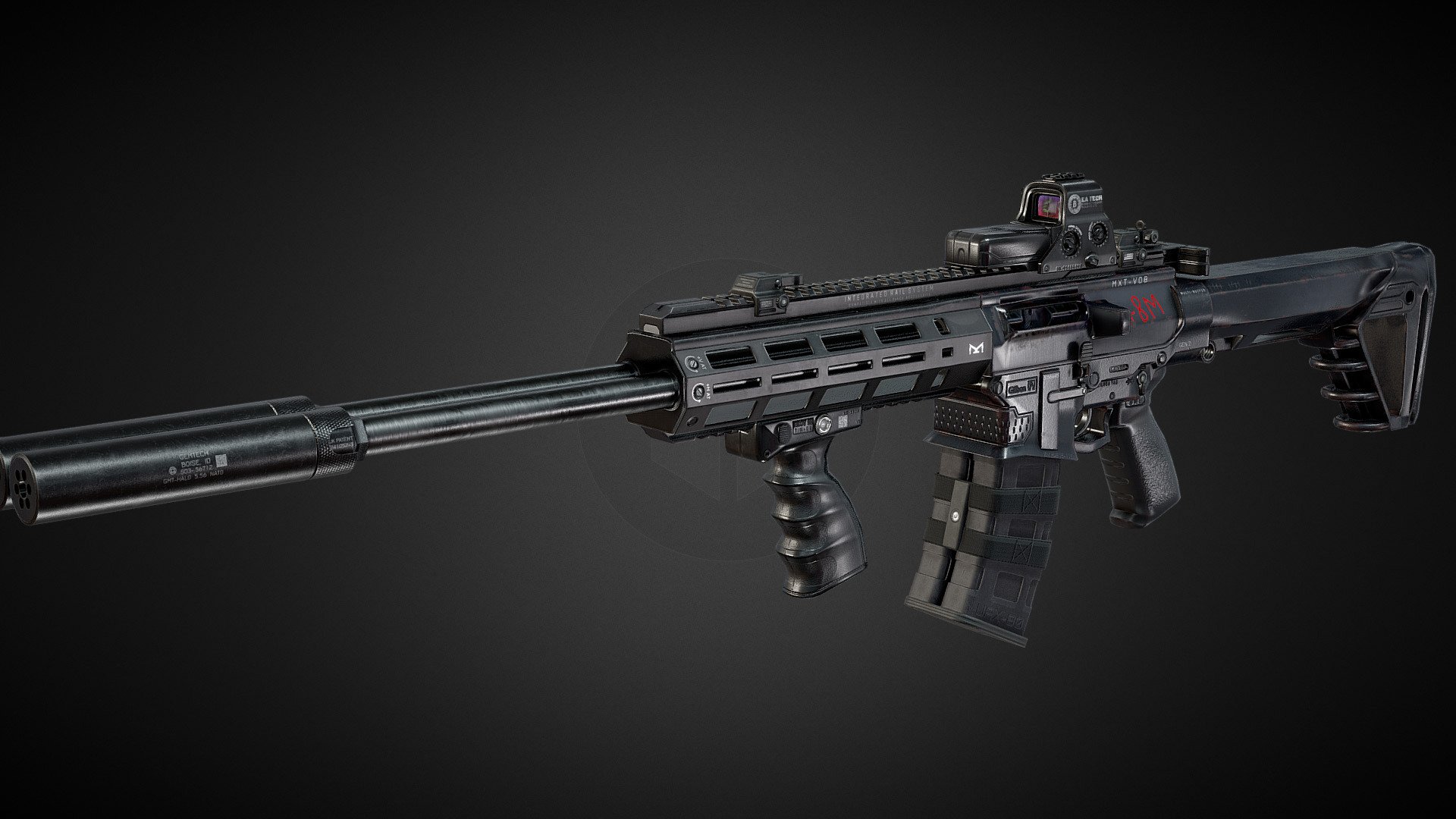 A double Barreled AR-15 with two triggers, two magazines and two buffer tubes, includes 4k textures for the main barrel and individual texture sets for the silencers, the magazines, iron sights, Holosight, Foregrip and bullets.

Modeled in Blender and Textured in Substance Painter.

I initially did this weapon as a mod for Fallout 4 so it has some Fallout themed references.