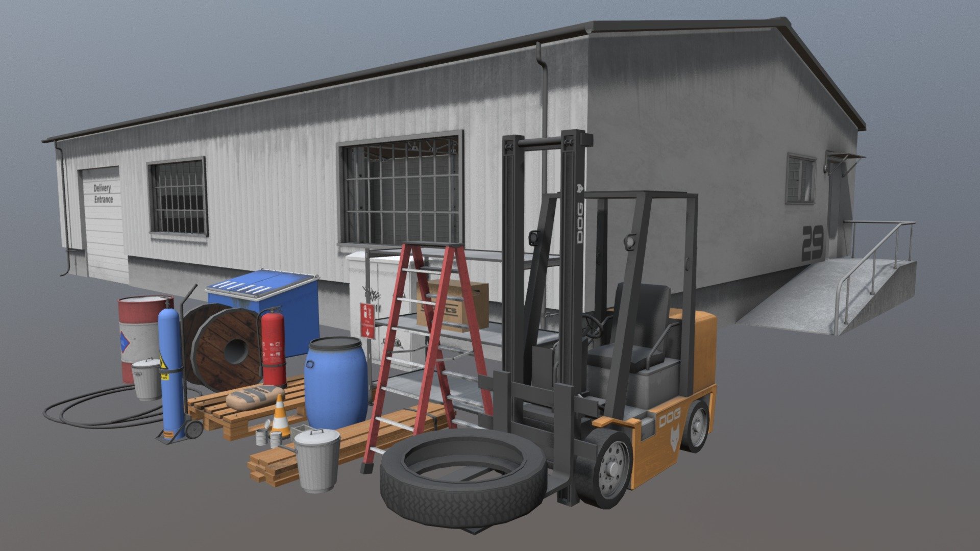 This industrial styled package is centered around the warehouse which comes with 22 different props to fill the scene. 

It was designed to work in an realtime environment but works fine in any static render as well!  To see the different parts closer :  https://sketchfab.com/PolyCrane/collections/warehouse-assets-pack  

Feel free to check out my website for further details and purchase options.
https://polycrane.wixsite.com/polycrane