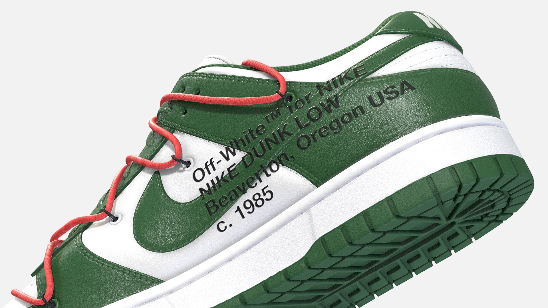 Off White collaboration with Nike on a Dunk low in Pine Green, made in Blender, textured in Substance. Virgil Ablohs take on the Nike Dunk first debuted in 2019, A reimagined tongue coupled with bright, Flywire lacing helped this shoe to stand out and cement its place in the storied legacy of the Nike Dunk. This colourway boasts pine green leather accented by a smooth white leather. 

Every detail was made in the recreation of this shoe, from the text on the medial side of the shoe to the subtlety of each material, nothing went overlooked. The model itself is subdivision ready and consists of four texture sets. The model on display is at Subdivision level 1 and each texture is at 4096x4096 resolution. Model on display uses: Base Color, Metallic, Roughness, Normal Map, Ambient Occlusion

Download File Contents:
1. Native Blender file with linked textures
2. Folder containing all textures in 4096x4096 png format. 
4. FBX and OBJ versions of the shoes