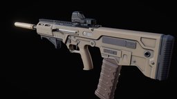 Customizable assault rifle rifle, modern, grip, custom, fiction, scope, tavor, magazine, firearm, sight, bullpup, 556, handle, stock, iron, tactical, game-ready, foregrip, tan, suppressor, mdr, optic, pmag, weapon, low-poly, pbr, gun, modular, red-dot, cheek-rest