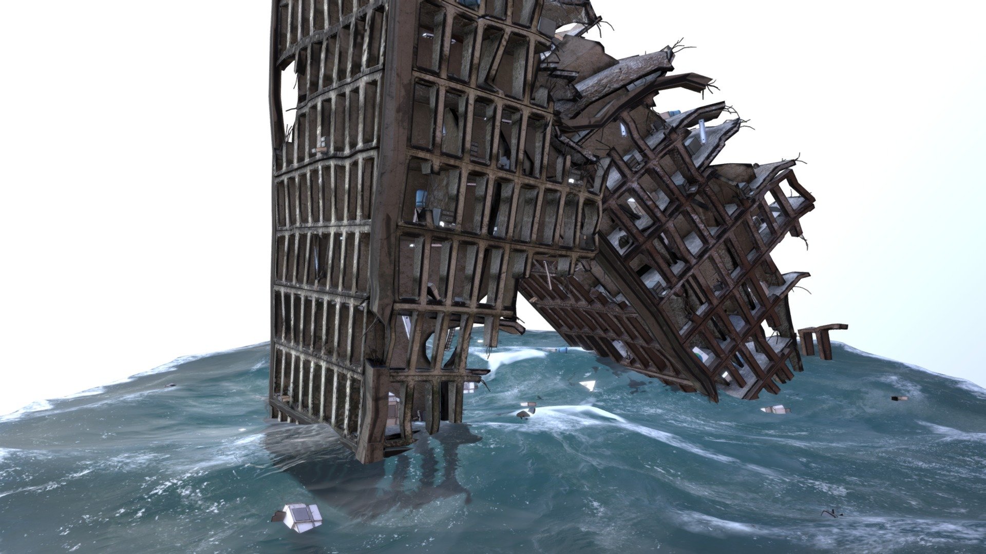 Fallen towers, I've created this prop for the flooded apocalyptic world of Sam &amp; Dan: Floaty Flatmates. In the game you try to reach a boat. Once arrived on the boat you will drive through the hole in the building, seeing into the offices.