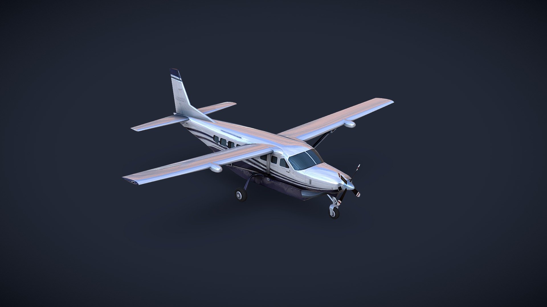 Cessna 208 Caravan is Unity PBR low-poly 3d model ready for Virtual Reality (VR) 
Single Material ,PBR shaders 3k polycount

Unity Package Ready games and other real-time apps. 
3D max And FBX ready 

SPECS 
- Model is set of separated Objects easy to custum 
- Model Has real-world Scale and is centered at 0,0,0,




Preview images Realtime rendered 

All textures Optimized 4K 

Mesh file Optimized fbx 200kbyte

Texture dimensions: 
- 4k (diffuse and Normal &amp; AO )