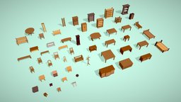 Lowpoly Wooden Furniture Pack - Interior Pack wooden, bed, obj, furniture, fbx, tripod, cupboard, dining-table, interior-props, blender, lowpoly, chair, 3dmodel, interior, wooden-furniture, furniture-assets, furniture-pack