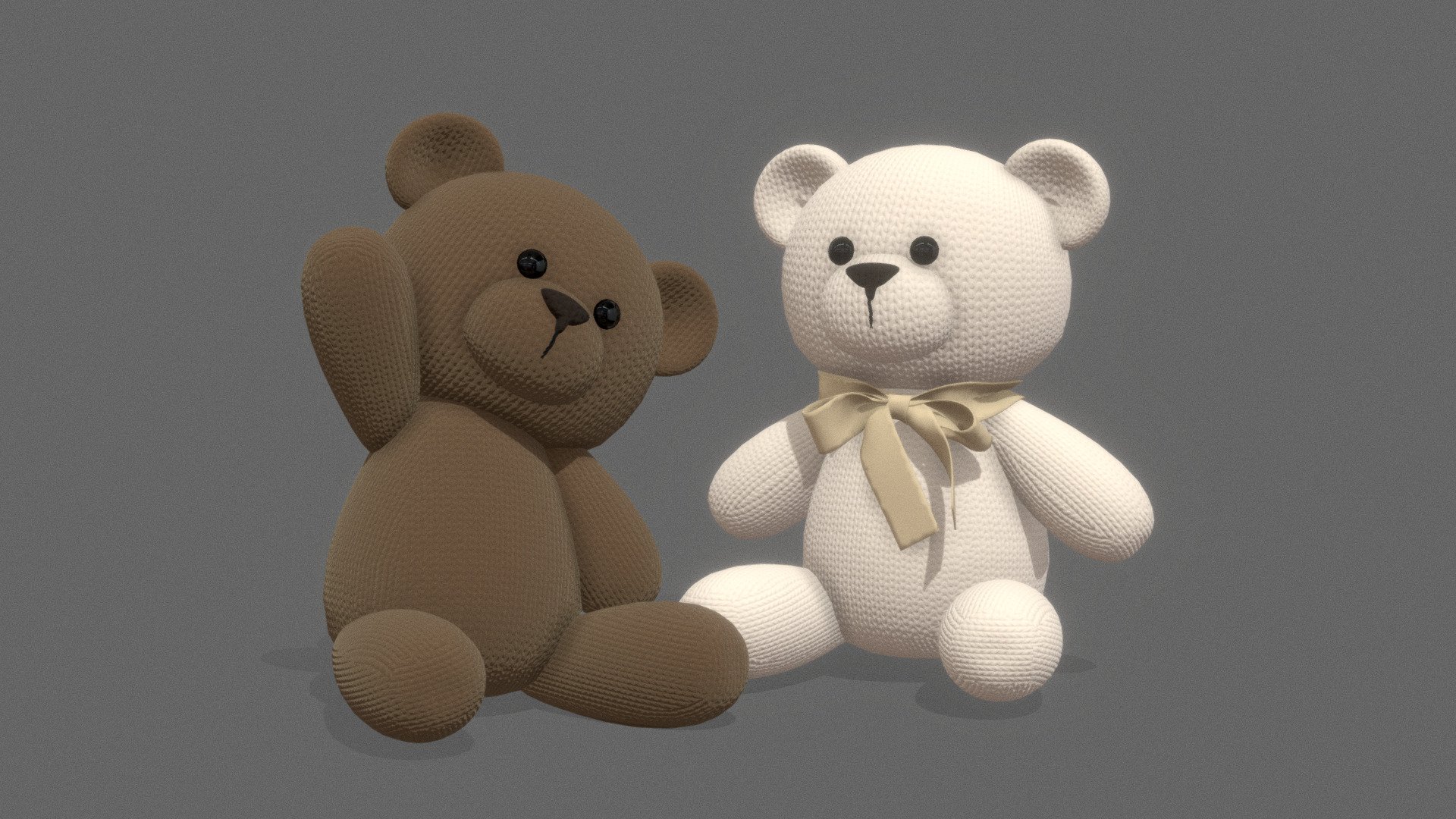 Cute plush teddy bear toys
Brown / white with a ribbon

Render example with hair particles using blender: https://www.instagram.com/p/Cbu5vf_NF8c/

rigged posed model
made with Blender