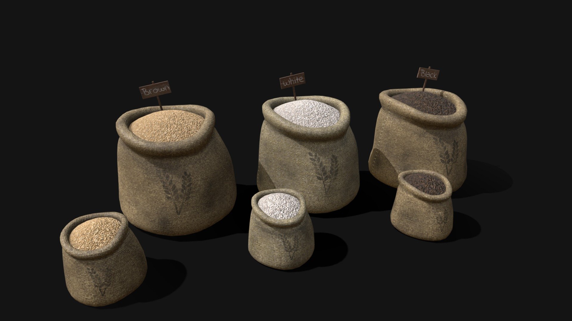 Rice Sacks 3D Model. This model contains the Rice Sacks itself 

All modeled in Maya, textured with Substance Painter.

The model was built to scale and is UV unwrapped properly

⦁   9252 tris. 

⦁   Contains: .FBX .OBJ and .DAE

⦁   Model has clean topology. No Ngons.

⦁   Built to scale

⦁   Unwrapped UV Map

⦁   4K Texture set

⦁   High quality details

⦁   Based on real life references

⦁   Renders done in Marmoset Toolbag

Polycount: 

Verts 4818

Edges 9474

Faces 4683

Tris 9252

If you have any questions please feel free to ask me.