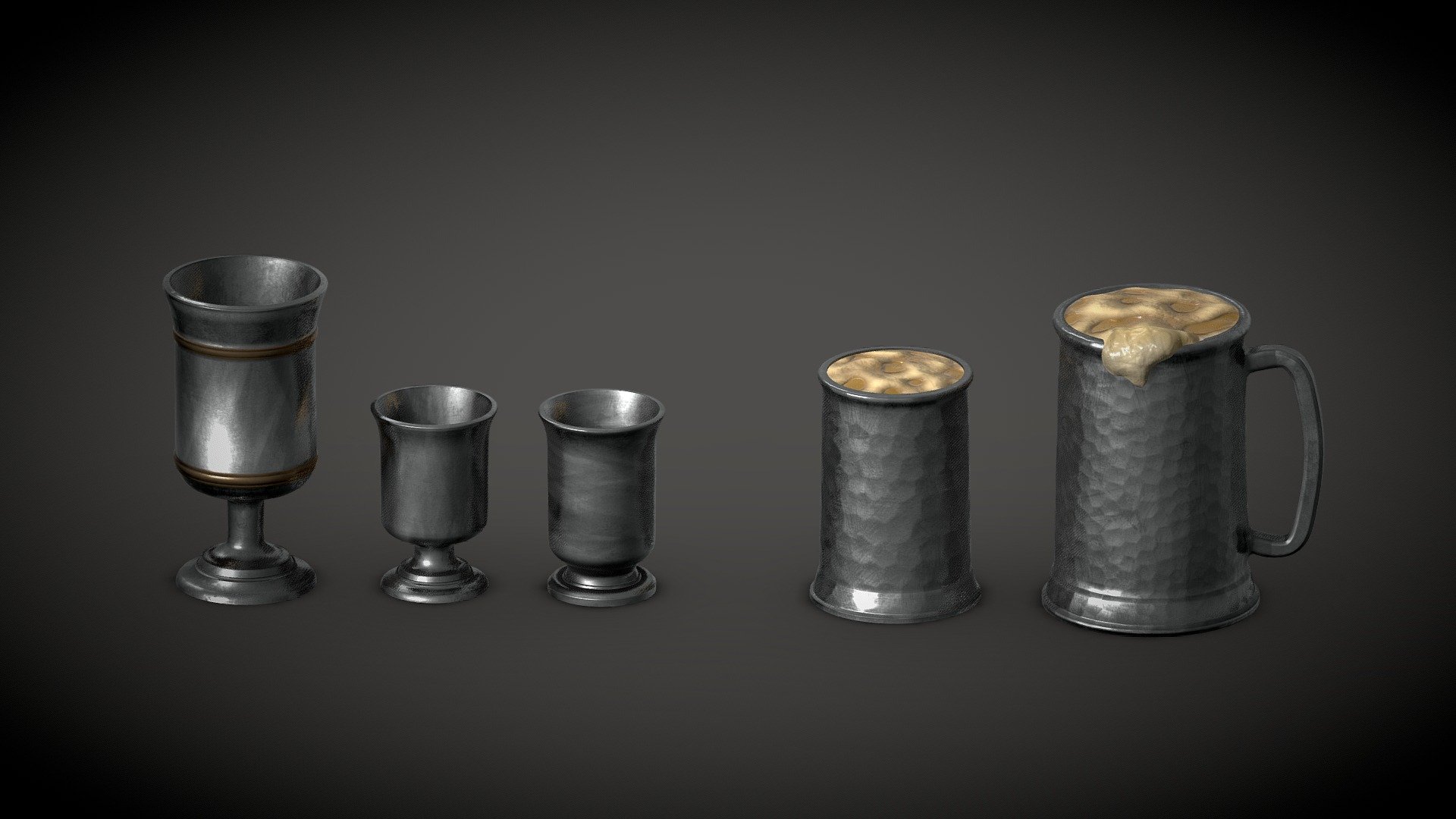 A collection of hero prop medieval cups.

These cups are made in a Medieval design of metal cups using 2 texture sets, one set for the 3 Pewters and one set for the 2 tankards

These props are highpoly and are designed to viewed and/or interacted with up close and are not optimised to be used en masse such as enviromental props in videogames.

Additional Files:
The models
2k Textures
4k Textures
Blender File