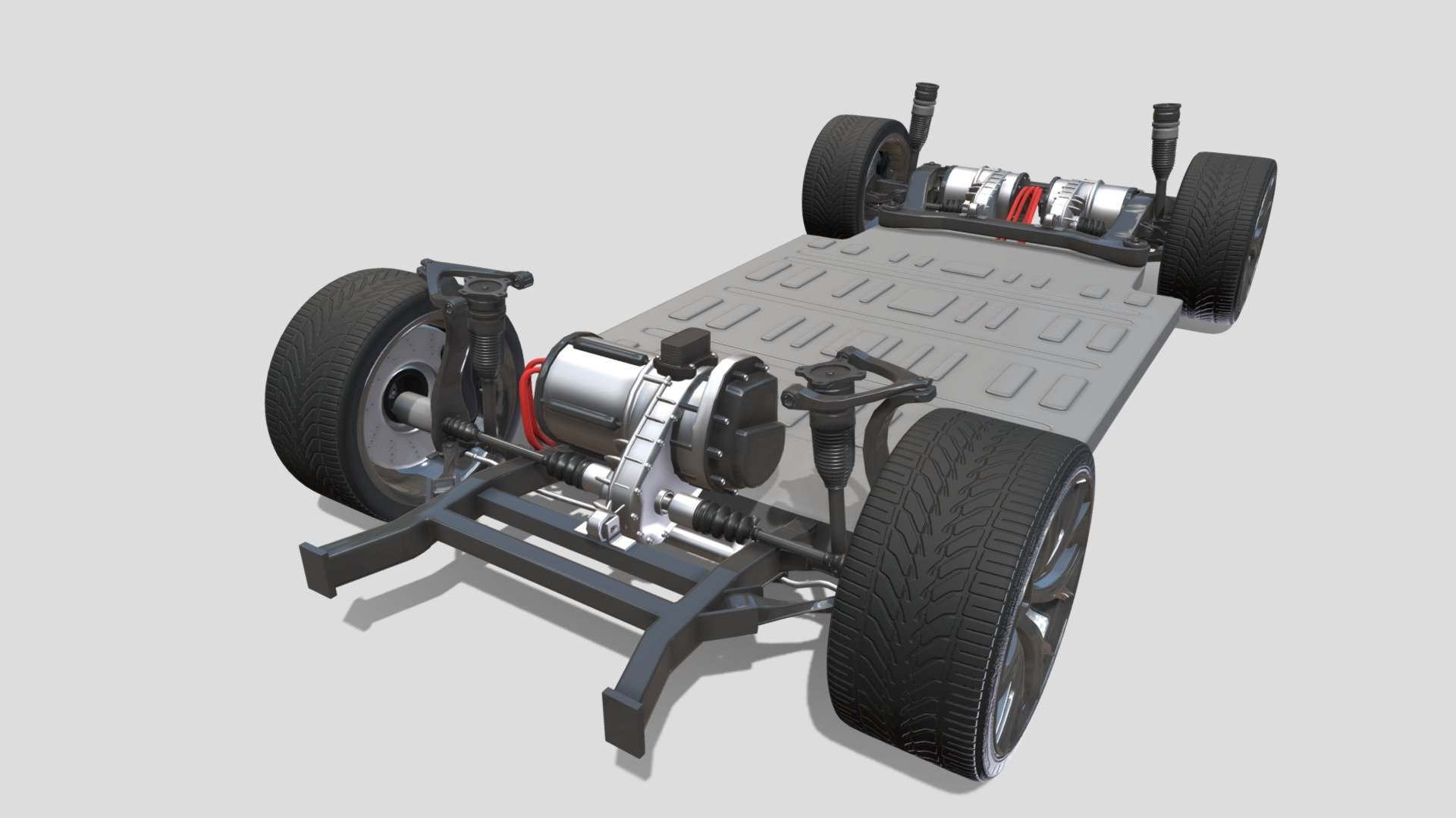 Tesla Roadster 2020 Chassis 3D model, with a 3 motor setup, brakes, steering rack and battery pack modeled.

File formats:
-.blend, rendered with cycles, as seen in the images;
-.obj, with materials applied and textures;
-.dae, with materials applied and textures;
-.fbx, with material slots applied;
-.stl;

3D Software:
This 3d model was originally created in Blender 2.79 and rendered with Cycles.

Materials and textures:
The model has materials applied in all formats, and is ready to import and render.
The model comes with multiple png image textures.

Preview scenes:
The preview images are rendered in Blender using its built-in render engine &lsquo;Cycles'.
Note that the blend files come directly with the rendering scene included and the render command will generate the exact result as seen in previews.
Scene elements are on a different layer from the actual model for easier manipulation of objects.