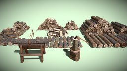 Firewood Logs Pack saw, trees, wooden, forest, ax, trunks, rural, farmer, firewood, agriculture, lumberjack, logger, countryside, stumps, house, wood, leaves, village
