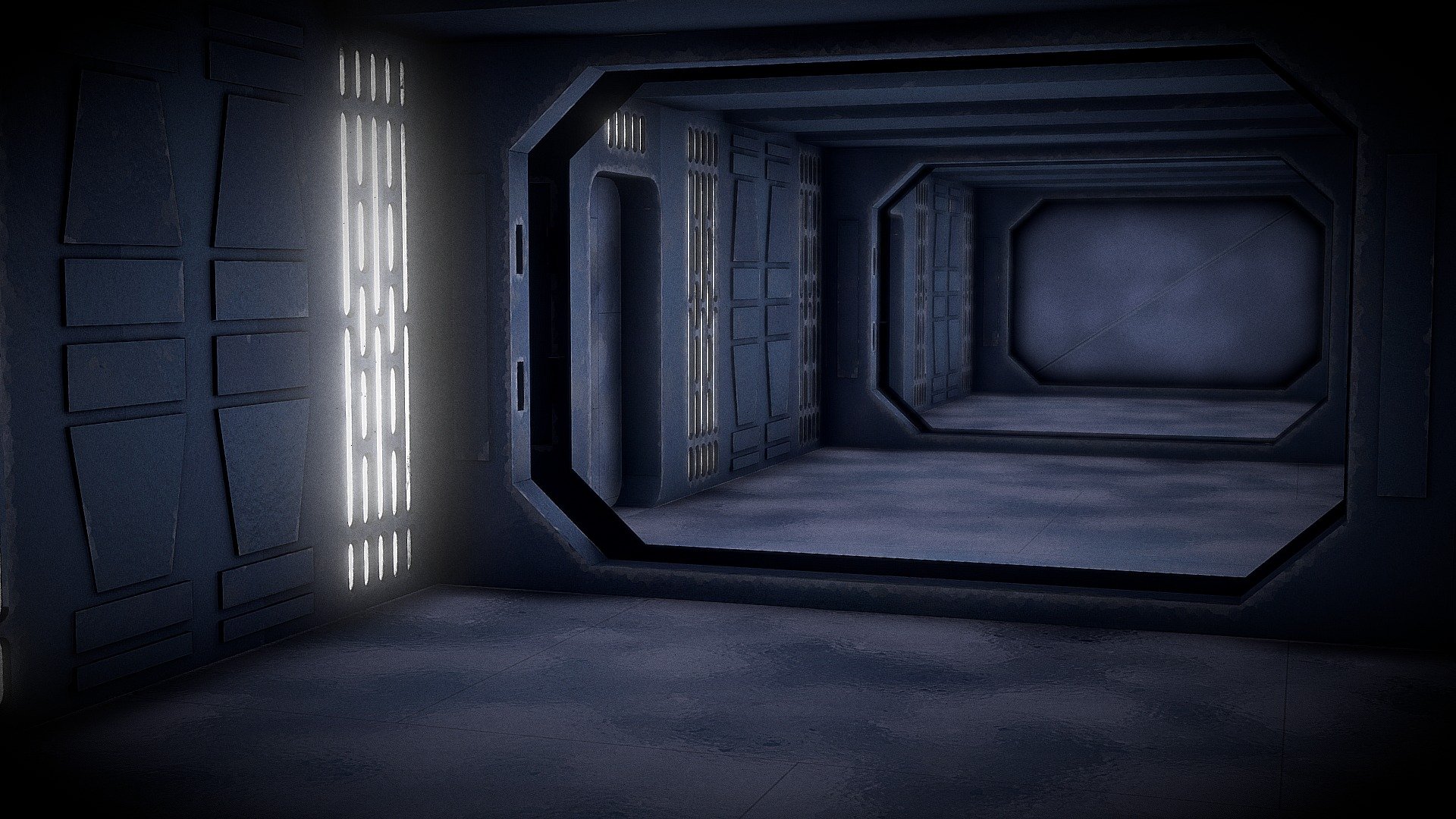 Hallway modeled after those found aboard Republic and later Imperial ships in the STAR WARS galaxy. Notably, these hallways follow a consistent design aesthetic featuring lights in the walls, notched in a standardized pattern, and blast door cutouts.