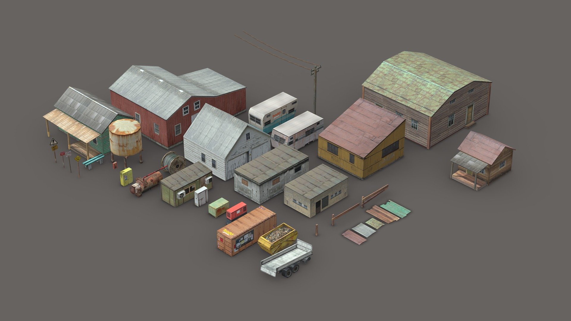 45 simple, lowpoly models.

One diffuse texture 2048x2048

Great for prototyping or as a distant background objects.
