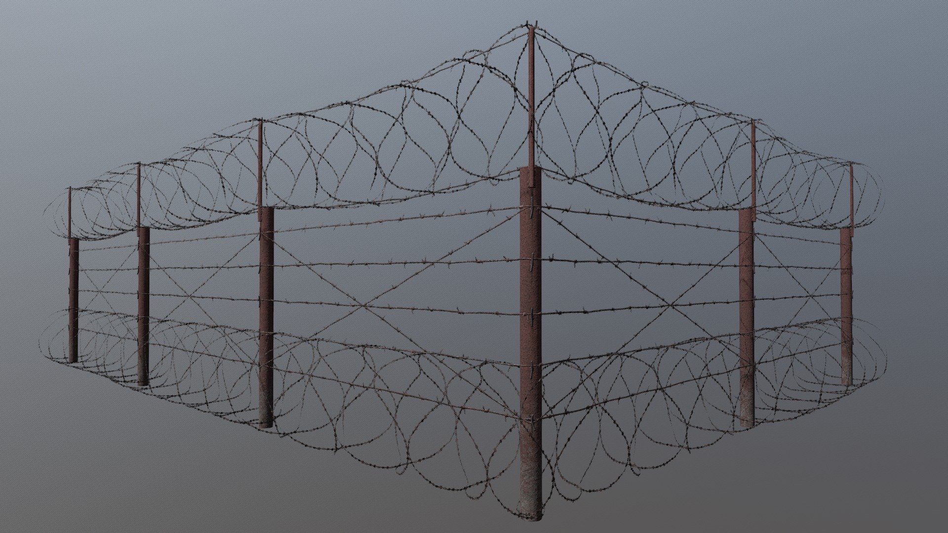 Old rusted barbwire fence

Modular game model with PBR textures

Pole - 220 tris, 2048x512

Wire segment - 1626 tris, 2048x1024

Wire corner segment - 3282 tris, 2048x1024

Height - 3 meters, segment width - 3,5 meters

Unity 5 package version: 2017.1.0f3
