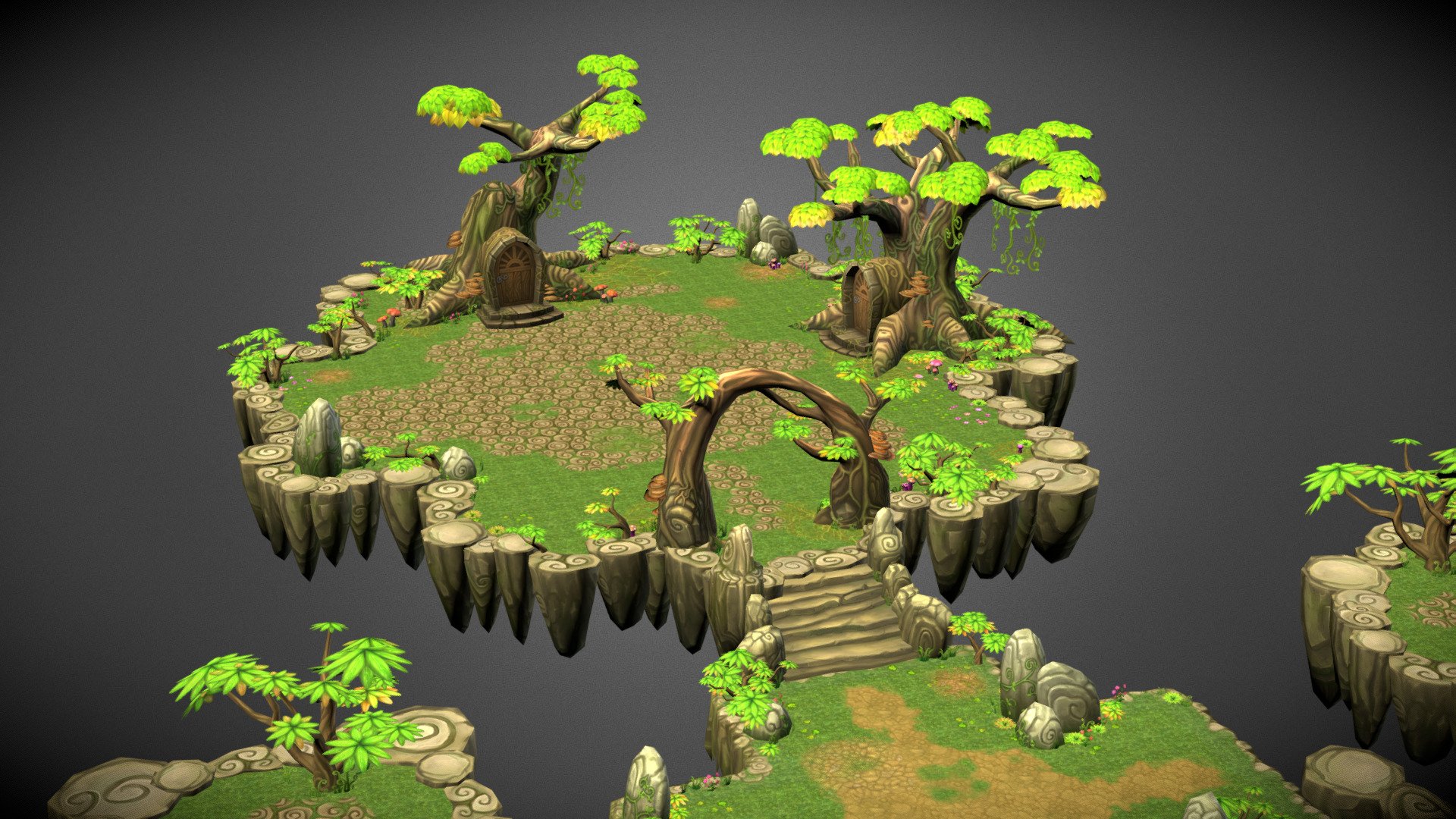 Let's get started on your fantasy game with this low poly and hand-painted 3D asset. Most elements here can be reshaped, re-arrange and assemble so quickly and easy to form a new floating islands and fantasy environment.
The models use one texture atlas at 4094x4096pixel for the environment and assets, two atlas for the floor tiles at 2048x2048pixel!
Update V1.2
- Add some dirt decal and grass decal
- Add winter version

This Floating Islands - Fantasy Environment Pack contains the following models:
-04 Vines
-20 Mushroom variations
-06 Mushroom_wood variations
-08 Grass variations
-03 Mushroom-Grass Decal
-12 Bushs
-03 Trees
-03 Tree House
-03 Big Tree
-03 Tree Rocks
-03 Stairs variations
-04 Fences
-02 Wooden Bridges
-01 Segment
-12 Rocks
-08 Steps Rocks
-20 Wall variations
-10 Big Modulars
-Over 26 Sample Modulars