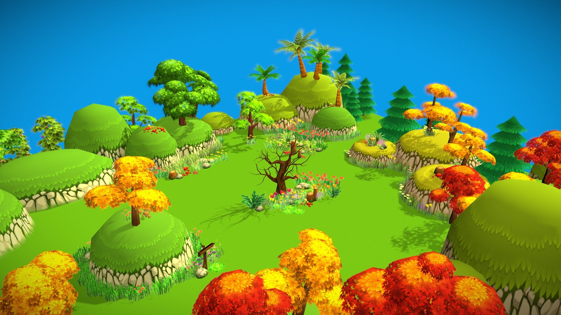 -link removed-

This pack comes with trees, mushrooms, grass, shrubs and bushes, flowers, hills and a tiling water stream&hellip; All you need to build a whimsical, cartoony looking forest. All models have low tris counts and texture map limited at 512x512 and 256x256. 

It's easy to create natural environments on your own using over 60 various plants in this pack.