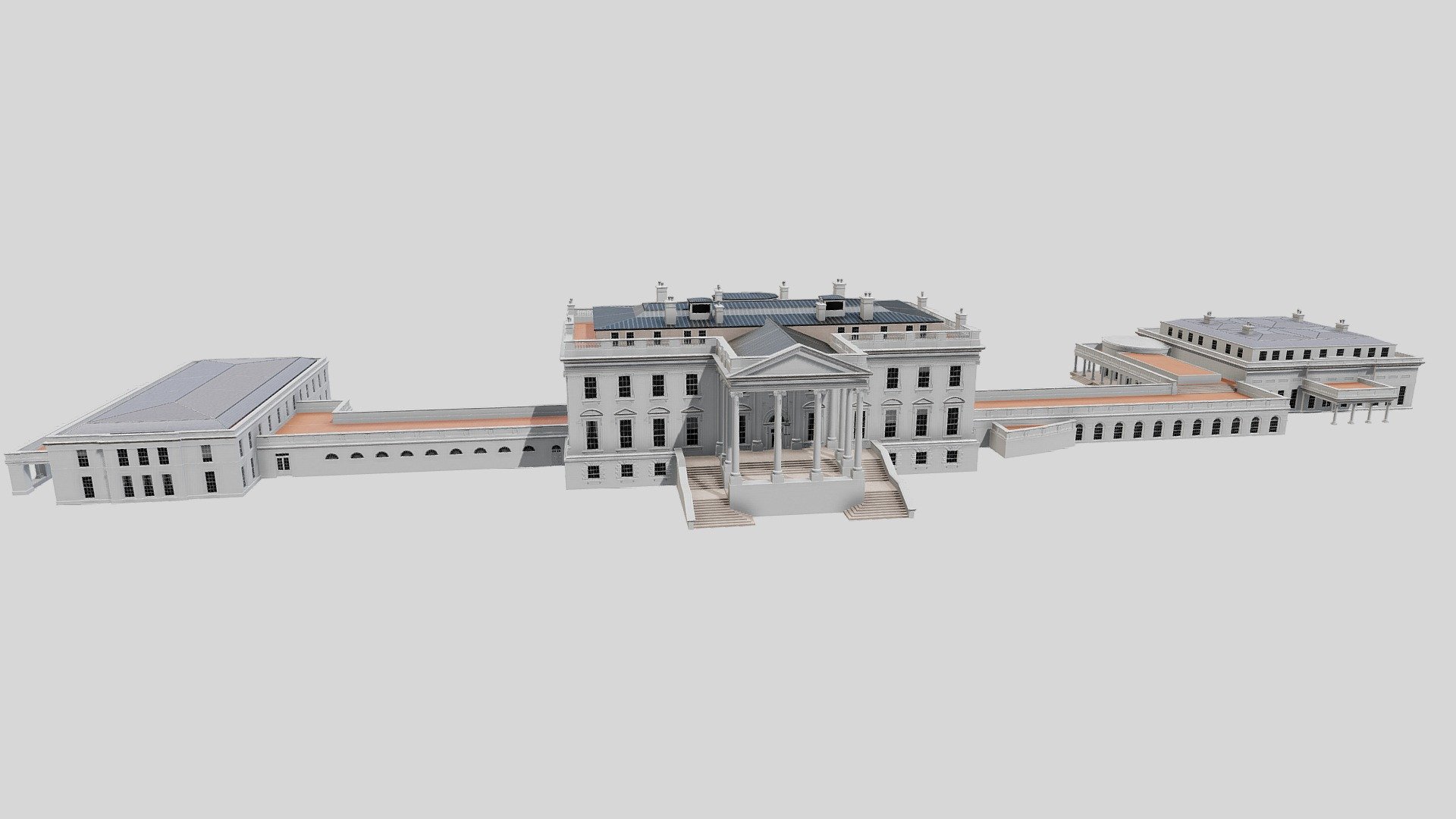 The White House is the official residence and workplace of the president of the United States. It is located at 1600 Pennsylvania Avenue NW in Washington, D.C., and has been the residence of every U.S. president since John Adams in 1800 when the national capital was moved from Philadelphia to Washington, D.C.

The property is a National Heritage Site owned by the National Park Service and is part of the President's Park. In 2007, it was ranked second on the American Institute of Architects list of America's Favourite Architecture.

This is a game ready model that has been slighty adapted from the original to make it placeable on a single level.