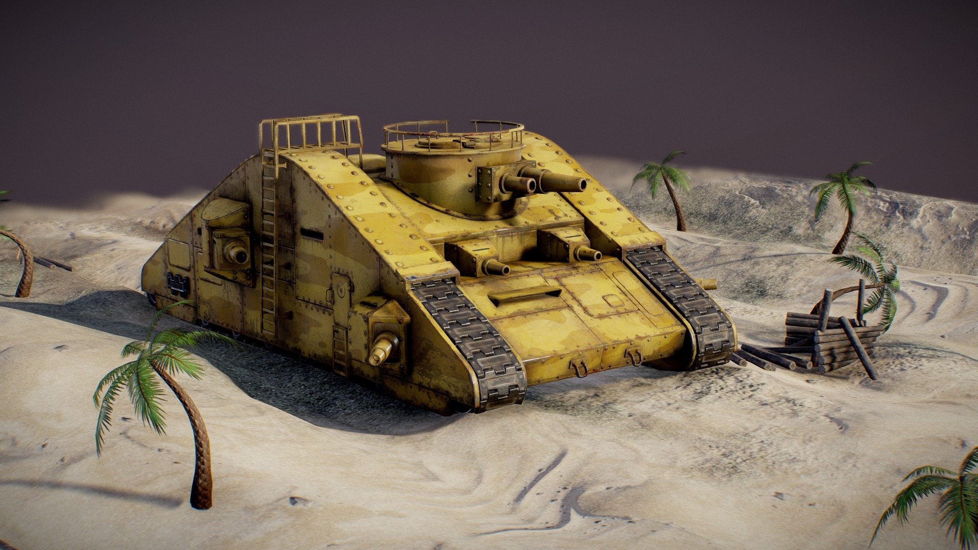So, this is diorama, which i made, inspired by an old russian comic tv series “Calambur”.

There was a sketch called “Iron Kaputt” which tells us about a super secret tank crew. The Headquarters forgot about them, and they wandered the desert, without orders. The funny part is, the crew is just a bunch of stupid bums, who can’t even handle a tank like this and aren't able to repel any attacks by the local rebels.

Made with Blender 2.8 and Substance Painter.