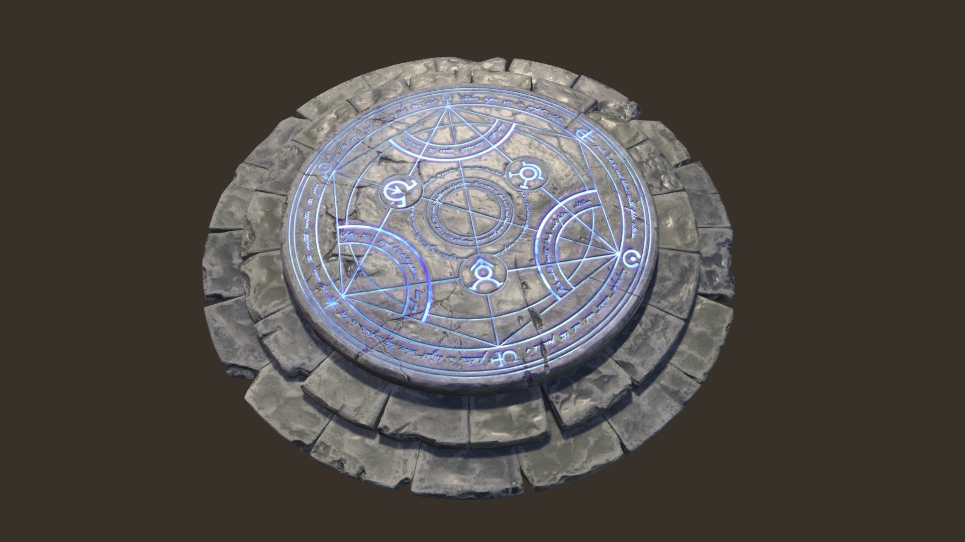 This is a stone floor portal meant for a dungeon or an ancient temple. The sigil inscribed into the piece comes from an alchemic human transmutation circle design. Sculpted in Zbrush, modeled in Maya, textured in Substance Painter.