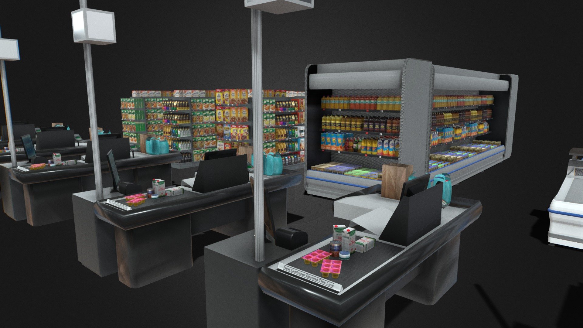 Supermarket shelves checkout fridges freezers

Shop Aisle or shelving Shelf with coffee Shelf with Cereal - 1 Shelf with Cereal - 2 Shelf with rusks / Biscotty Shelf with boxed pasta and sauce / ready meal

Checkout or till point cash desk Checkout desk Till point Card machine

Standing fridge The model consists of 4 notable pieces of 3d mesh when opened: Individual elements - can be used to assemble a custom scene to your liking. I recommend just using array to nake up the length, then sape cthe end caps to finalize the model to your length A pre built wall fridge configuration A pre built Ailse frige or refrigirated area A single fridge configuration The strore grocery products on shelf in the open freezer is as follows: Product Included: Bottles: Juiced, Clover Duo Krush Orange, Red Grape, Guava, Mango, Clover Tropika, Mango peach, Tropical, Pineapple Henties, Guava, Orange, Butters and spread, margarine Rama, Stork, Sunshine D Ole,