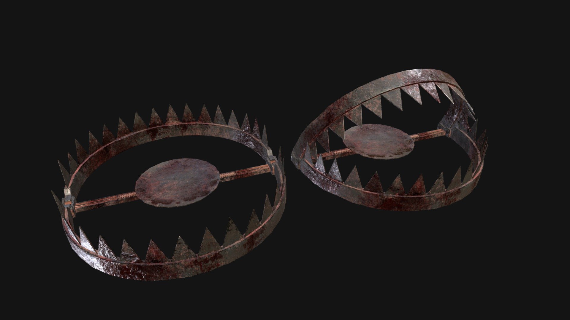 Bloody Bear Traps 3D Model. This model contains the Bloody Bear Traps itself 

All modeled in Maya, textured with Substance Painter.

The model was built to scale and is UV unwrapped properly. Contains a 4K and 2K texture set.  

⦁   4584 tris. 

⦁   Contains: .FBX .OBJ and .DAE

⦁   Model has clean topology. No Ngons.

⦁   Built to scale

⦁   Unwrapped UV Map

⦁   4K Texture set

⦁   High quality details

⦁   Based on real life references

⦁   Renders done in Marmoset Toolbag

Polycount: 

Verts 2628

Edges 5232 

Faces 2644

Tris 4584

If you have any questions please feel free to ask me.