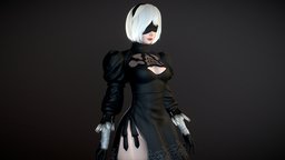 2B humanoid, white, videogame, hero, asian, dress, gray, 2b, midpoly, android, woman, nierautomata, substancepainter, girl, game, blender, robot, black