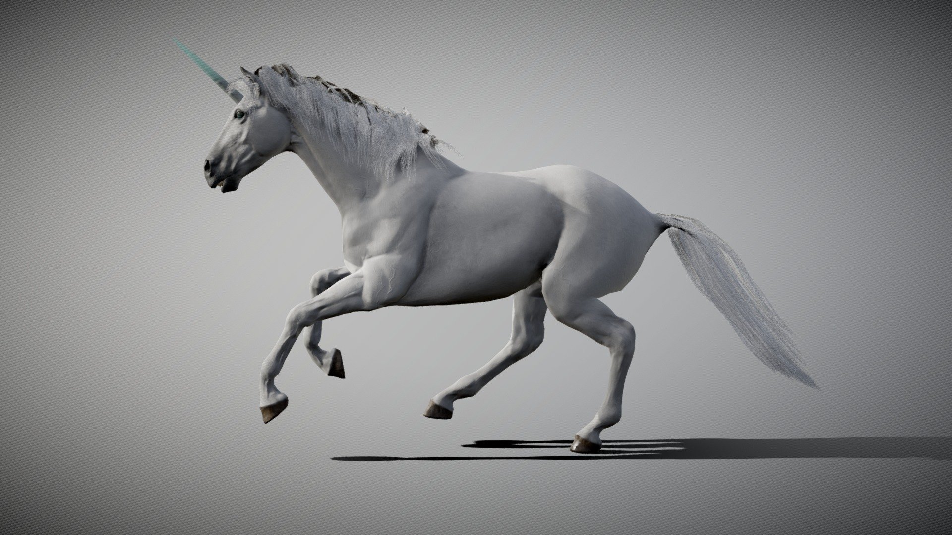 Unicorn, created in Blender, Zbrush Core and Substance Painter original blender file in the Zip folder uploaded!

Textures 4096x4096:* - body: albedo, roughness, Ambient occlusion, normal, - eyes and teeth: albedo, roughness, Ambient occlusion, normal, opacity - mane and tail: color node, normal and opacity, -horn: albedo, roughness, Ambient occlusion, normal, emissive

In the NLA editor there are 3 option: - walk cycle - run cycle