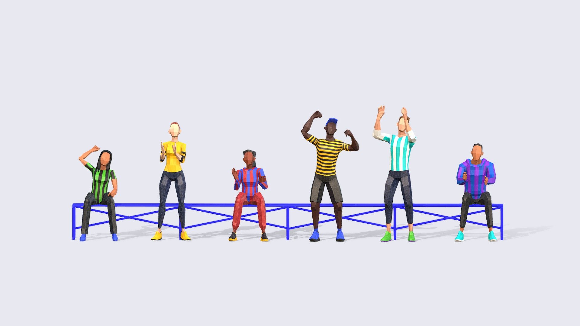 CHEERING LOW POLY PEOPLE
A super versatile pack of Low Poly People where all models interact. Plus all models can use the same or vary the 6 different textures.

INCLUDES:




Independent Rest Pose fin FBX, perfect for Animating with mixamo or your chosen platform

Independent Animated FBX file that includes all 6 looping animations -100 frames

Full Pack Blender Native file with all characters together.

Textures created for the pack.


Give some unique style to your crowds with our collection of low poly people.
*3RD GENERATION of Animated Low-Poly People and it will be included in The Compilation