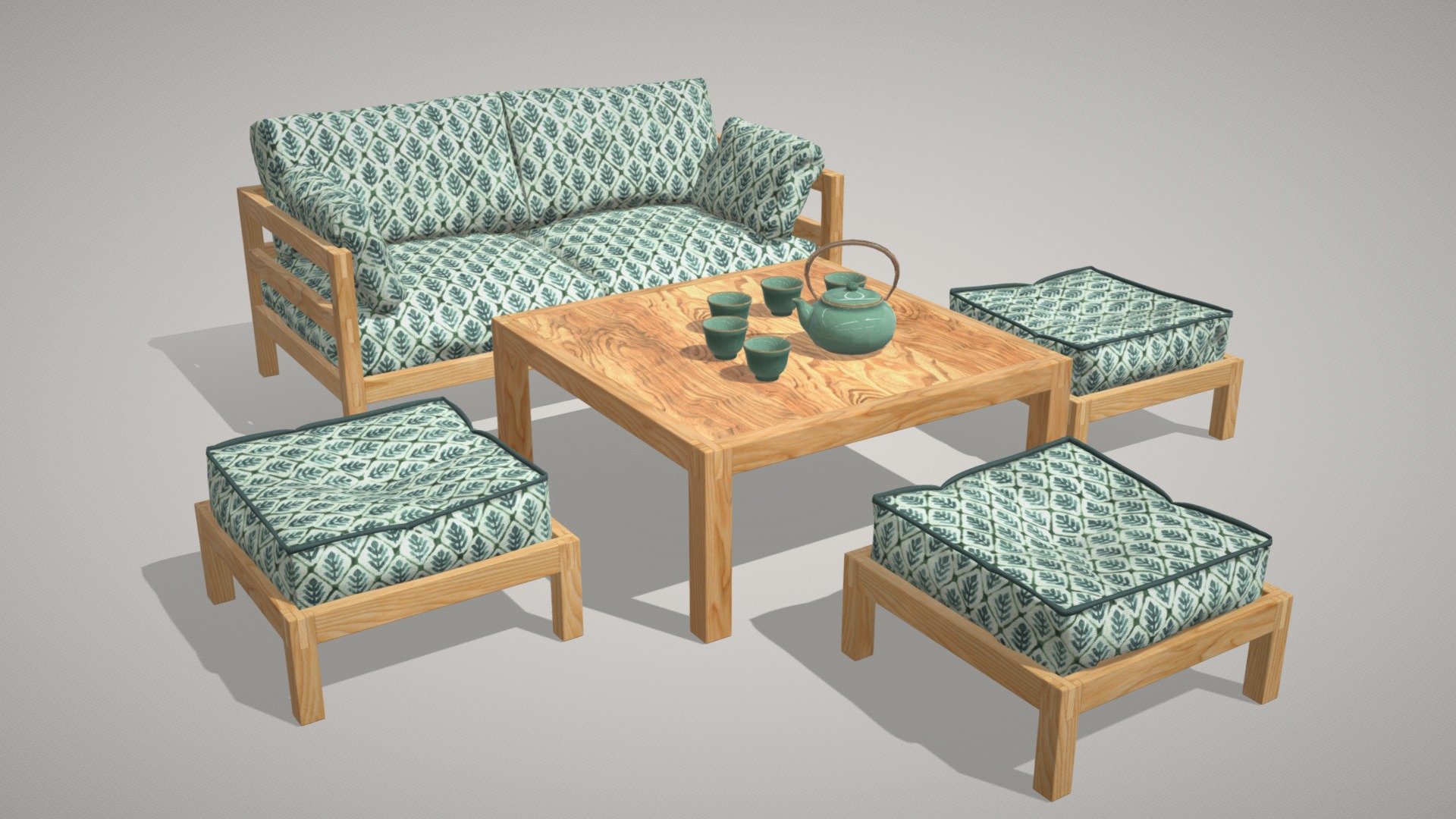 Detailed model of a table, 3 ottomans and a sofa with green upholstery.

Light and original table group will fill your interior with Asian motifs.

And details in the form of a teapot and bowls will add realism to your 3D project, game or metaverse:)



Video about the model


Model info



clean topology, 24k faces

clean unwrapped UV

5 sets of texture maps (BaseColor, Metallic, Roughness, Normal) in 4K and 2K resolution

5 materials

ready to use in blend, fbx and obj formats

Built with Blender. Origin Blender file attached.


Thanks for watching^.^
If you have problems with the purchase you can find me by email tochechkavhoda@gmail.com on other services: cgtrader, booth, unity assetstore.

Have questions about the model? Mail me: tochechkavhoda@gmail.com