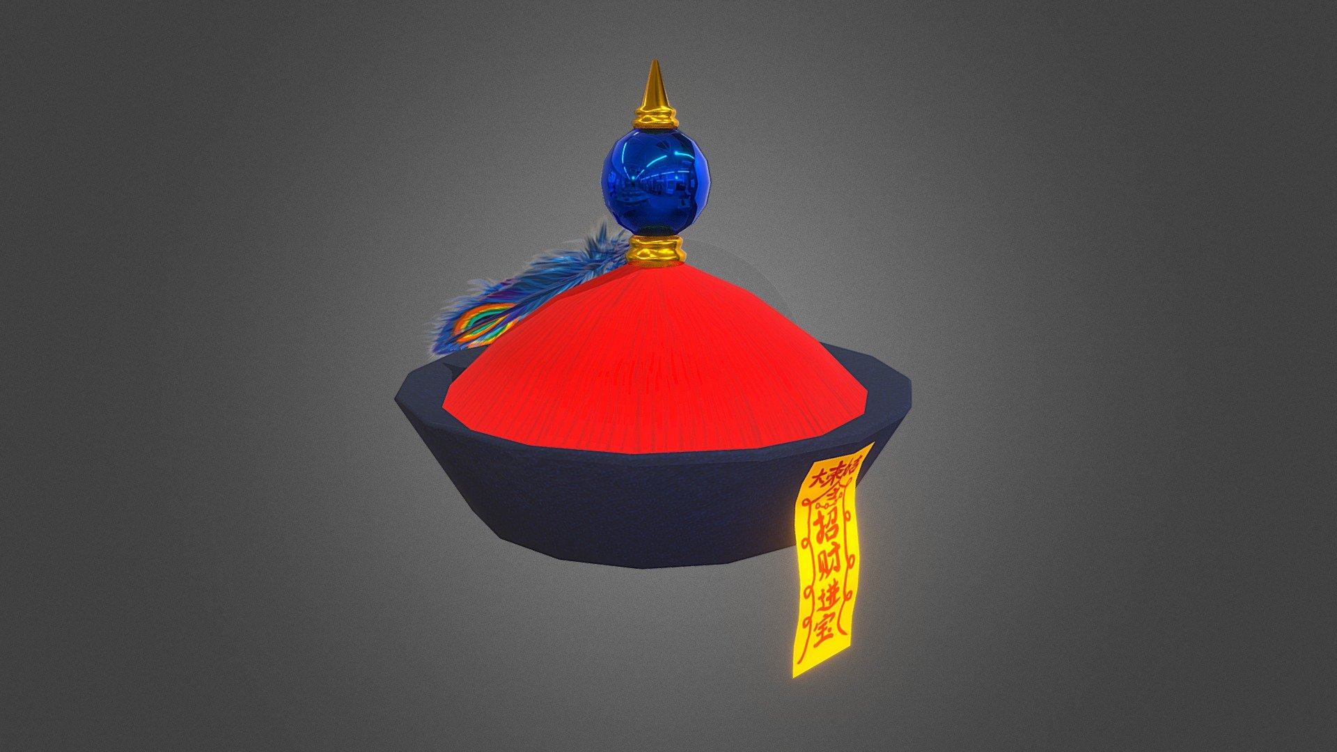 This is a Chinese-style zombie hat I made using Blender.

Its material consists of five PBR textures: BaseColor, Metalness, Roughness, Normal, and Opacity.

It can be directly imported into a game engine and render excellent resultsa immediately.