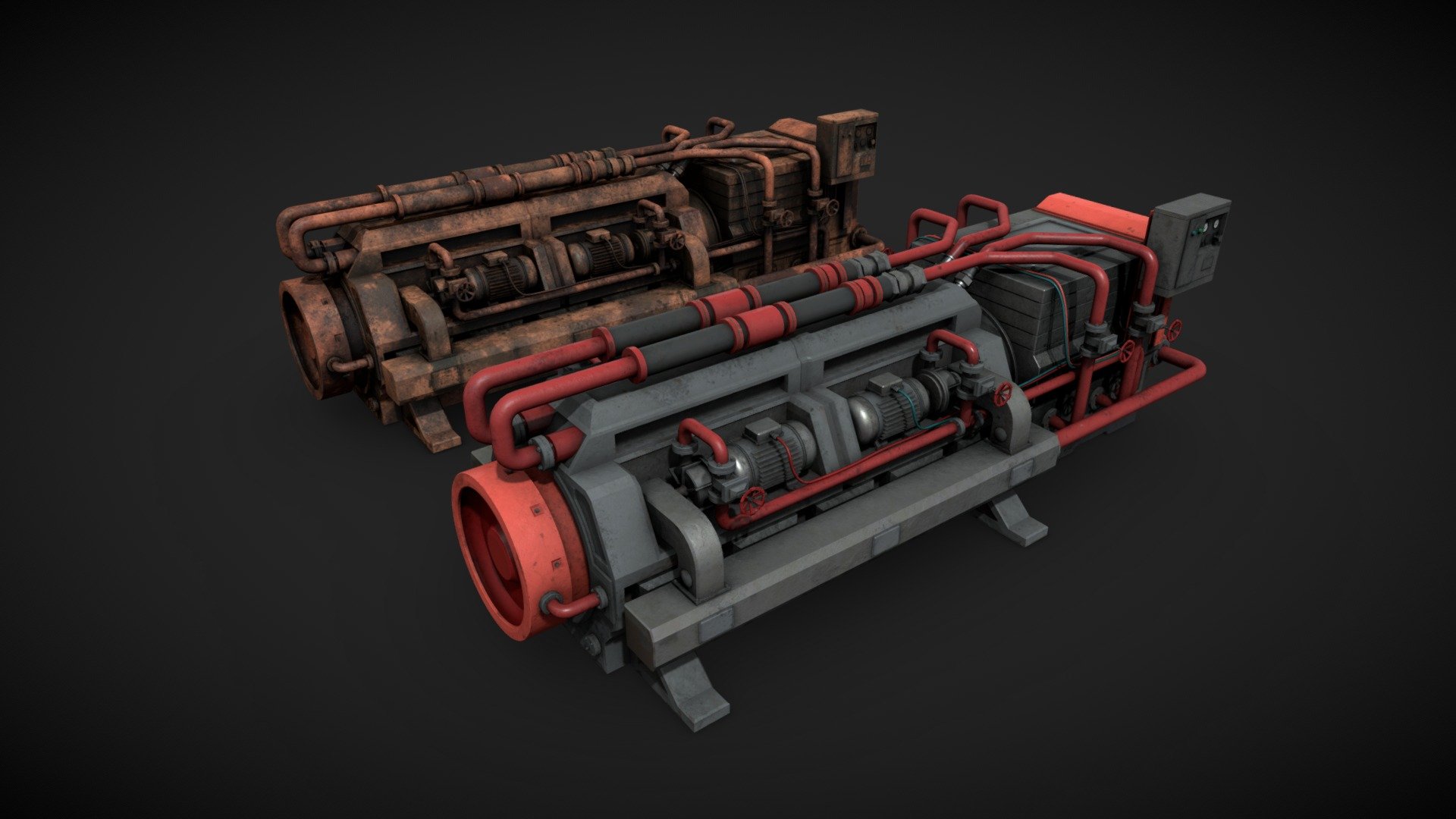 Machinery device for industrial visualizations 

4k PNG PBR textures included 

Painted and heavy rusted 

Non overlapped UVs.