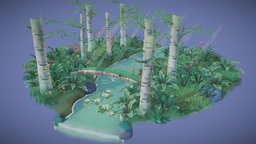 Birch Forest green, forest, plants, river, mushrooms, water, haindpainted, waterfall, birch, plants-bush-grass, substancepainter, blender, blender3d, blue, bridge, diorma